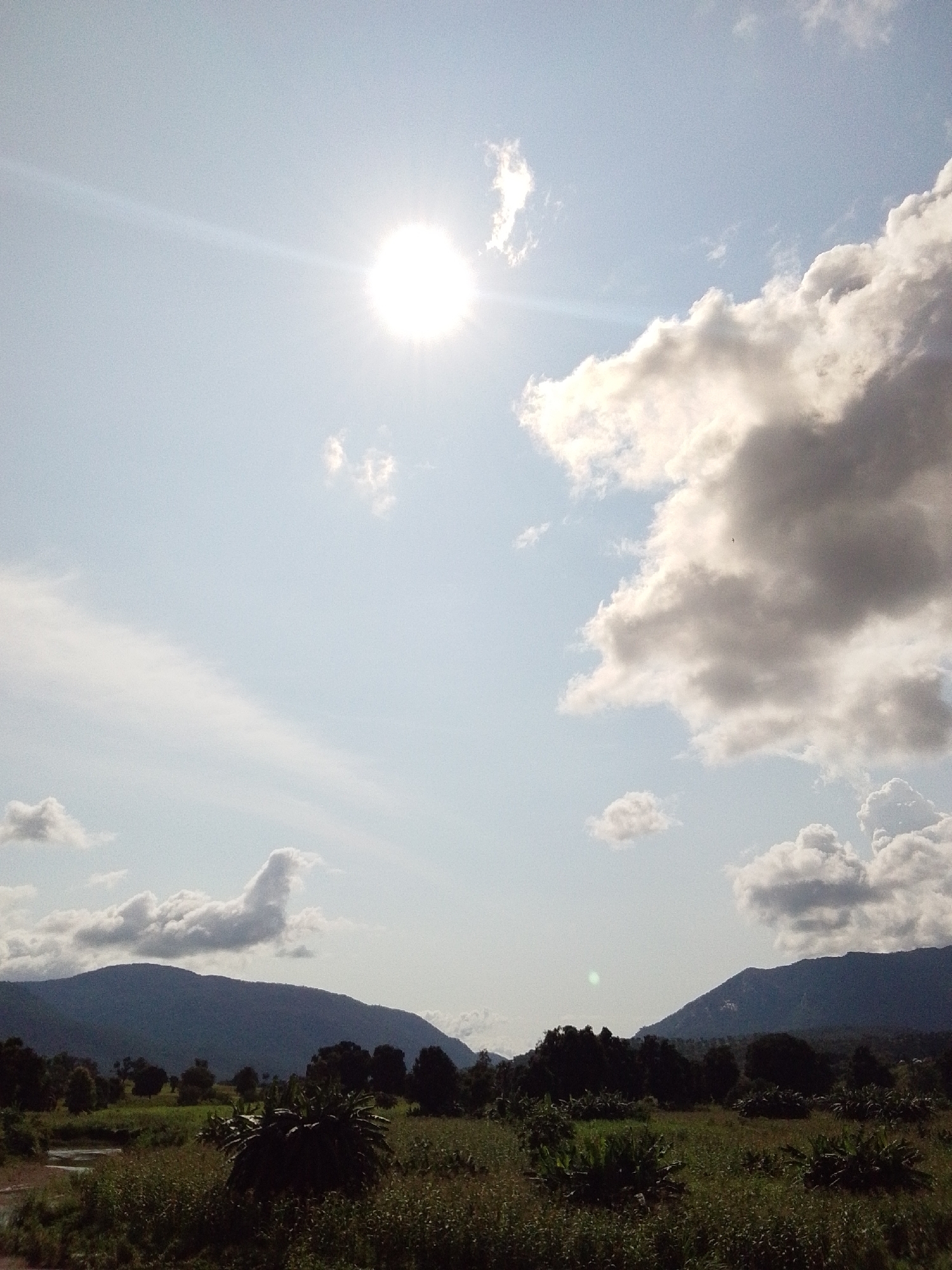 The image depicts a rural landscape under a bright, sunny sky. The sun, a prominent feature in the upper left quadrant, is surrounded by a sunburst effect, illuminating the scene. Several clouds are scattered across the sky, some appearing wispy and white, while others are larger and more textured, casting shadows. The landscape below consists of rolling hills or mountains forming a dark silhouette against the sky. In the foreground, there is a dense growth of vegetation, including trees and what appear to be banana plants. A small body of water, possibly a river or stream, is visible on the left side of the image. The overall impression is one of a natural, serene, and undeveloped environment. The location is identified as Unknown, Nigeria.