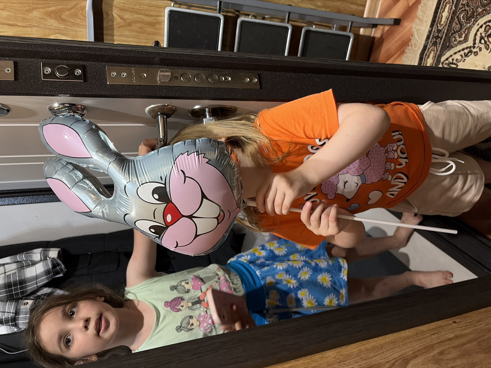 Two young girls are in an indoor environment, possibly a hallway, near a doorway. One girl, on the left, is looking up and to her left, holding a pink smartphone in her right hand. She is wearing a light green tank top with a graphic print of cartoon girls and a blue skirt with a white daisy pattern. The second girl, on the right, is holding a large, silver bunny-shaped Mylar balloon, obscuring her face. She is wearing an orange t-shirt with a pink sheep graphic and the words "AND YOU!" visible, and light beige shorts. The doorway appears to be made of dark metal, with a handle and visible locking mechanisms. To the right of the doorway, there is a shelving unit with black shelves, and a portion of a patterned rug is visible on the floor. The overall lighting suggests an indoor setting, possibly during the day. There is no visible information to indicate the location is Tambov, Russia.