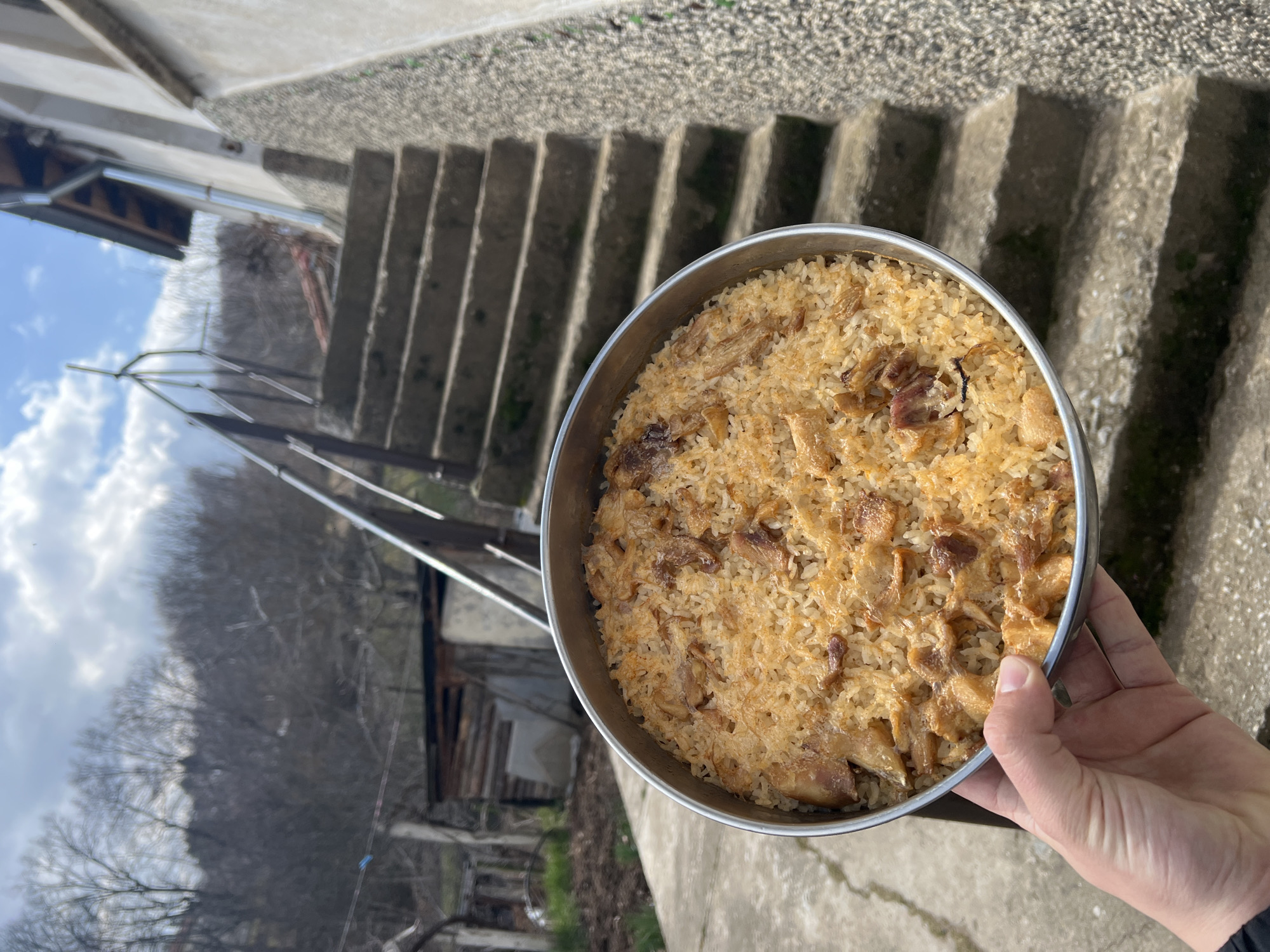 A light-skinned hand, with visible knuckles and a dark sleeve edge, firmly holds a round, silver-colored metal baking pan containing a yellowish-orange rice dish. The dish is uniformly cooked and mixed with numerous irregular pieces of browned meat. The scene is outdoors in Sedlartsi, Bulgaria.
The background features a concrete ground surface directly beneath the pan. To the left of the image, a rustic wooden shed or outbuilding with a dark roof is visible amidst sparse vegetation. Beyond this structure, a hillside covered with leafless deciduous trees extends upwards under a partly cloudy sky with patches of blue.
To the right of the image, a set of concrete steps ascends diagonally, accompanied by a metal handrail with vertical supports. Adjacent to the steps is the exterior wall of a building, characterized by a grey, pebbled textured base and a smoother, lighter upper section. A metallic gutter downspout runs vertically along this wall, originating from a dark roof overhang. Small green vegetation is visible growing along the base of the building wall and near the steps.