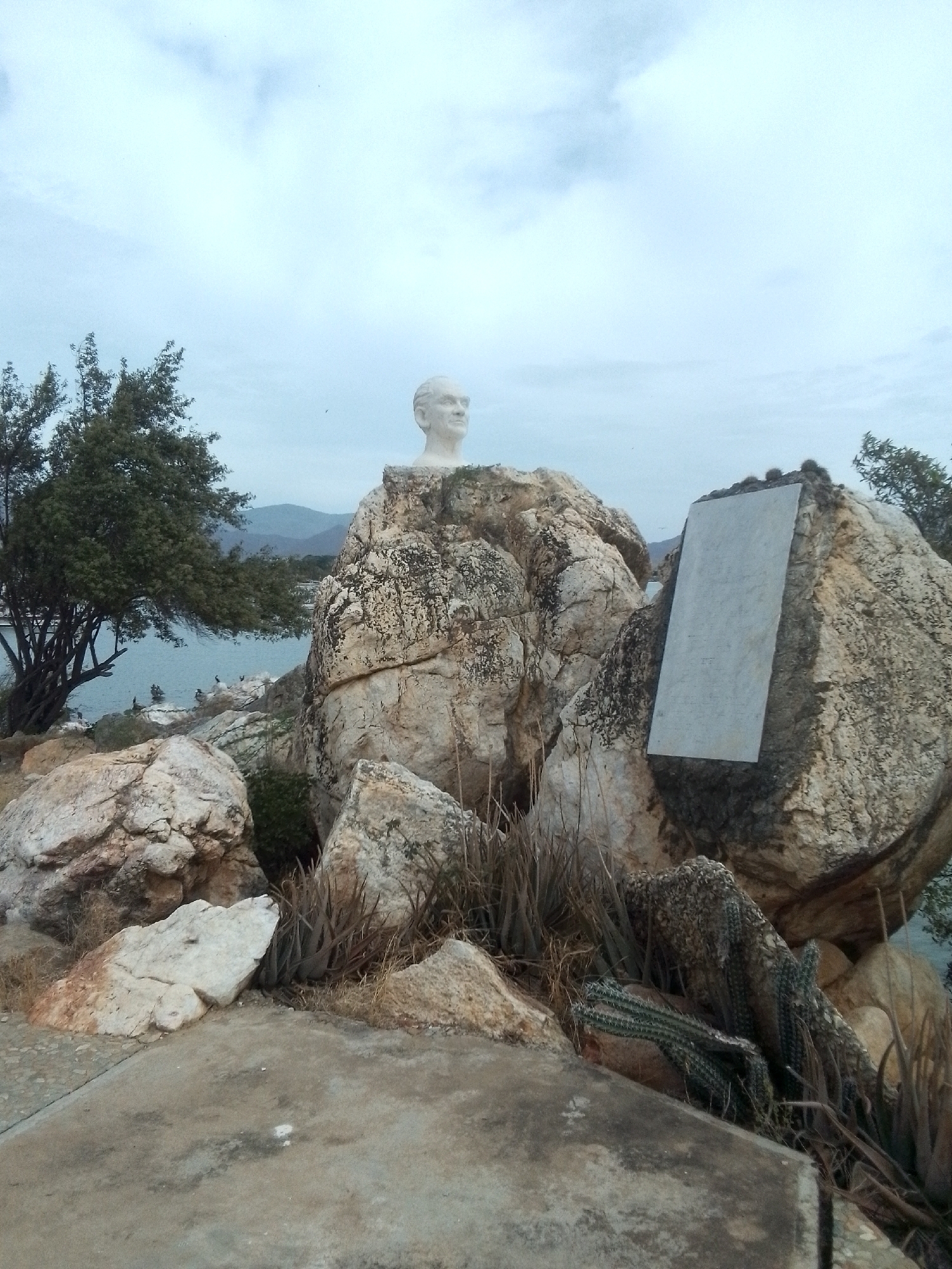The image captures a partially overcast day at a viewpoint in Juan Griego, Venezuela. A white bust statue is positioned atop a cluster of light-colored rocks. A blank, rectangular plaque is affixed to one of the rocks. The rocks are surrounded by sparse vegetation, including cacti and dried plant stalks. A tree with dense green foliage is visible to the left of the statue. In the background, the bay of Juan Griego can be seen, with distant mountains in the horizon. The foreground consists of a concrete platform. There are some unidentifiable objects in the background water behind the trees on the left.