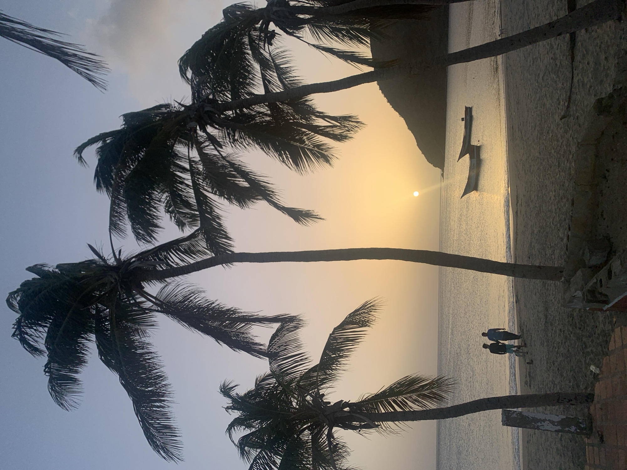 This image captures a serene tropical beach scene at either sunrise or sunset in Juan Griego, Venezuela. The sun, a bright golden orb, is positioned low on the horizon, casting a warm, golden glow across the sky and reflecting brightly on the calm surface of the water. This strong backlight creates dramatic silhouettes of the foreground elements.
Several tall palm trees dominate the composition, their dark trunks and fronds framing the scene. Their characteristic shapes are sharply outlined against the lighter sky and sea. On the sandy beach, two individuals stand close to the water's edge, their figures completely silhouetted against the radiant light. They appear to be observing the tranquil view. Gentle waves are visible washing onto the shore near their feet.
Further out in the calm water, two small, elongated boats are seen, also in silhouette. They appear to be stationary, either anchored or moored close to the shore. In the distance, a dark, rounded mountain or large hill rises from the water on the left side of the frame, partially obscured by the atmospheric haze.
The overall atmosphere is one of peace and natural beauty, characteristic of a tropical coastal landscape during the golden hour. There is no visible text in the image.