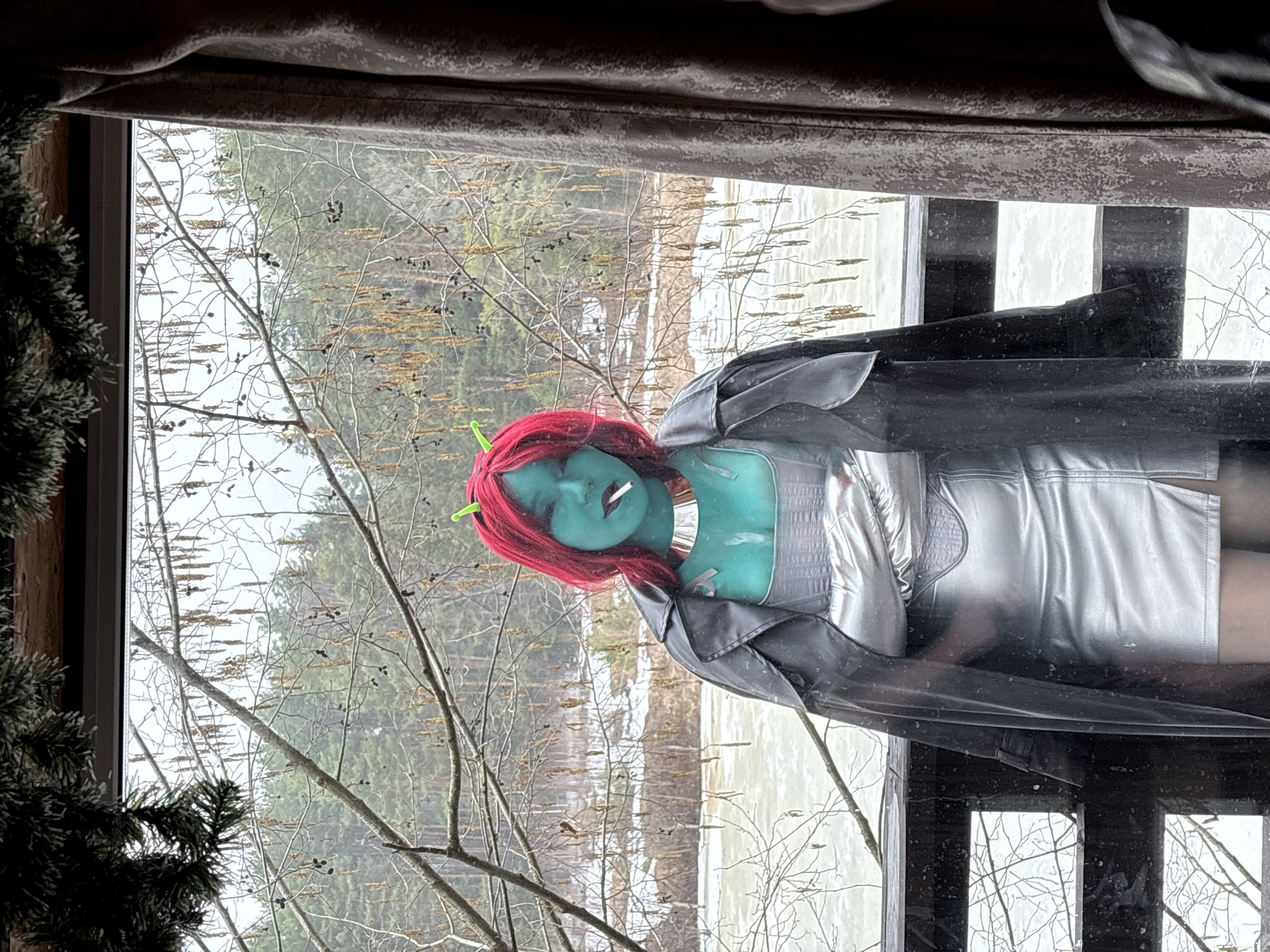 A vertically oriented shot shows a person with green skin, red hair, and antennae, wearing a silver outfit and black coat, looking out a window. The scene outside the window depicts bare trees and possibly a body of water, consistent with the environment of Prikamskii, Russia. A corner of a Christmas tree is visible on the left side of the frame. The image appears to be taken from inside a building, with curtains visible at the top.