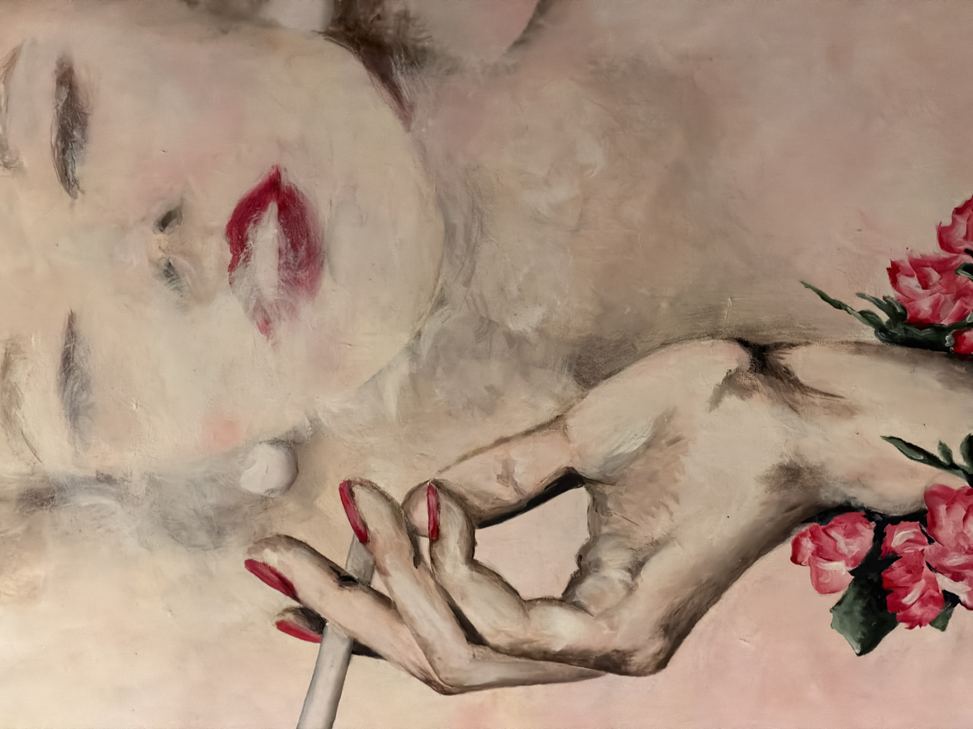 This close-up painting depicts a woman smoking, with no discernible geographical features indicating a specific location in Paris, France. Her face is softly rendered, featuring closed eyes, prominent red lips from which smoke emanates, and a white pearl earring on her right ear. Her left hand, foregrounded and adorned with red nail polish, holds a lit cigarette between the index and middle fingers. The woman's upper chest is visible, with a cluster of red roses and green leaves positioned on the lower left. The background is an indistinct, hazy pinkish-beige.