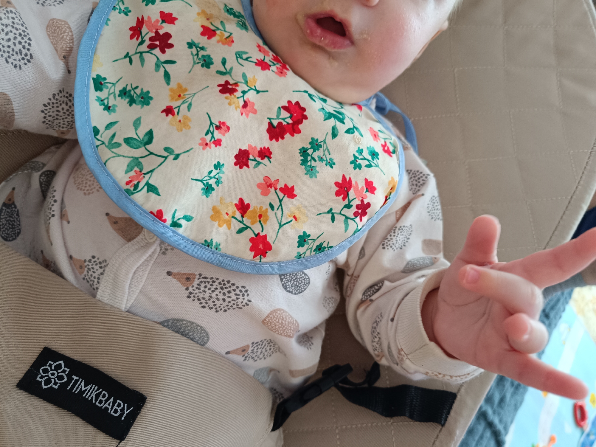 A baby wearing a bib is seated in a beige baby carrier. The bib is cream-colored with a pattern of red, yellow, and green flowers and a light blue trim. The baby is wearing a long-sleeved onesie with a pattern of hedgehogs. The baby's mouth is slightly open and there is a small amount of food on their lips. The baby's right hand is extended. The carrier has a black label with white text that reads "TIMIKBABY" and a flower graphic. The background is a light brown color, possibly part of the baby carrier. The location in the city of Tobolsk, Russia is not evident from the image.