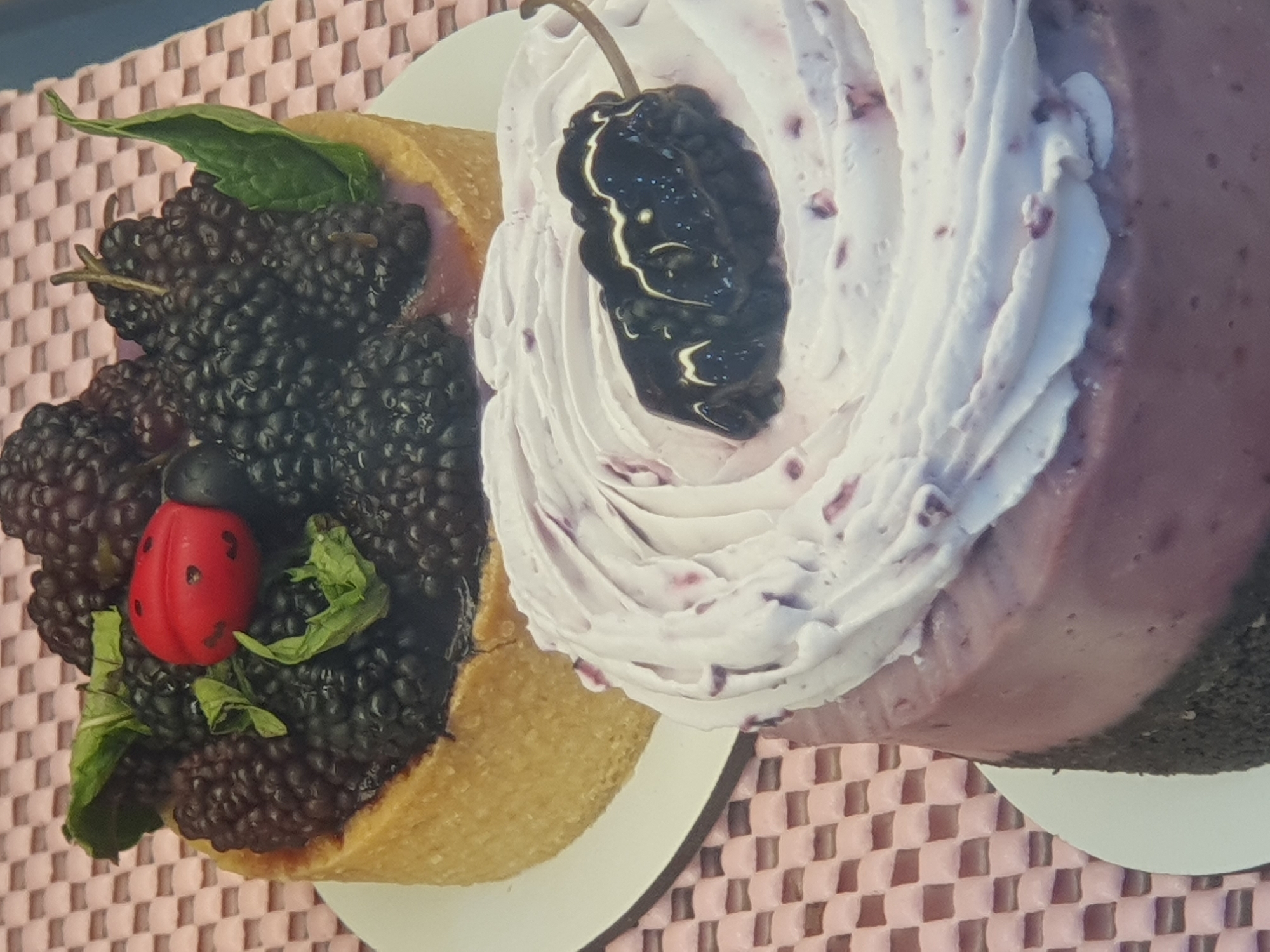 The image displays two desserts on a pink checkered placemat. The dessert in the foreground is a dark-colored cake with a thick swirl of white frosting, garnished with a single dark berry and a few red specks. The dessert in the background is a circular tart topped with blackberries and a small red ladybug decoration, as well as some green mint leaves. The overall scene suggests a confectionery setting, likely a bakery or cafe. The image does not provide any specific information about its location in Shiraz, Iran.