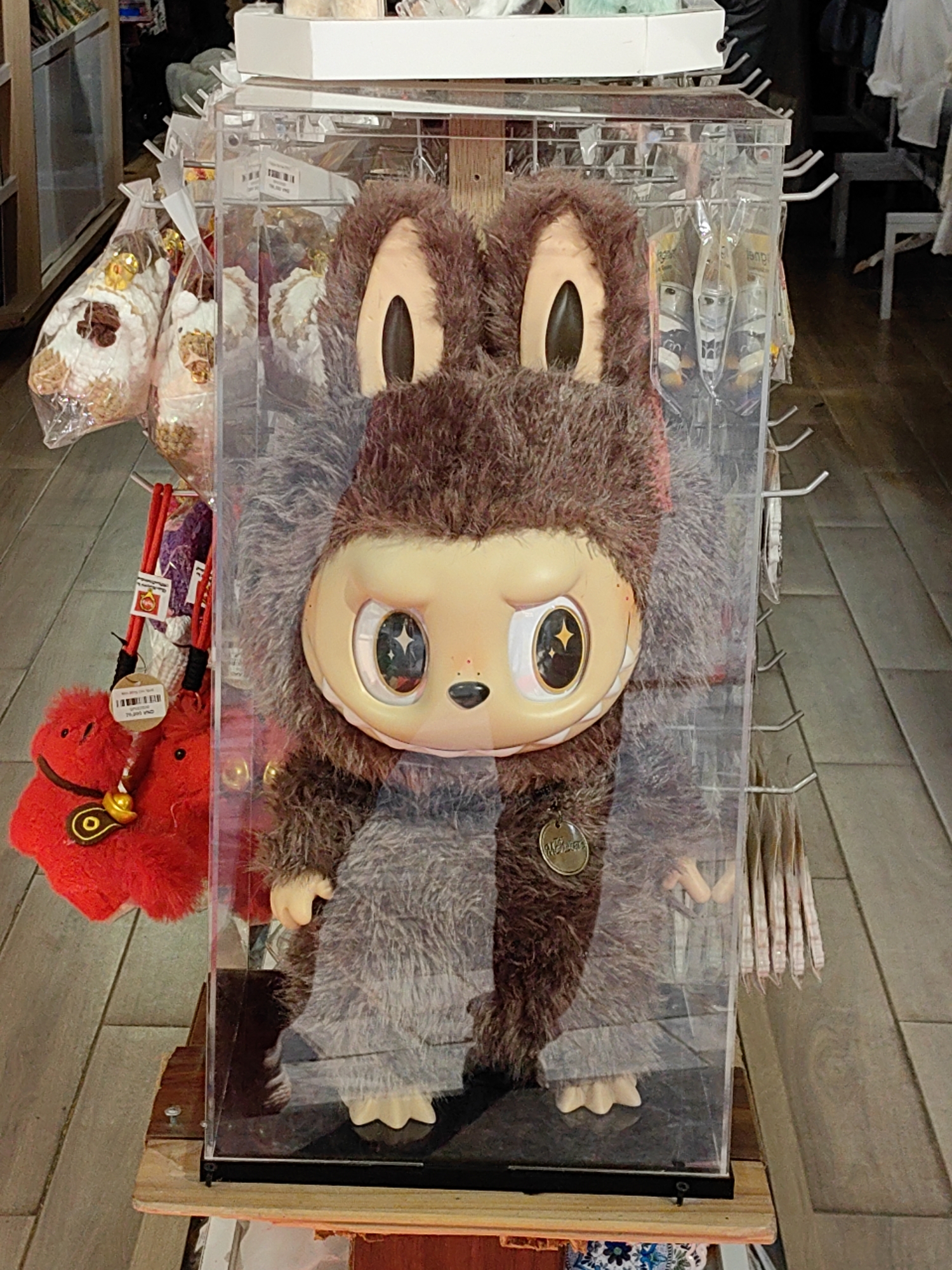 This image captures an indoor retail environment in Sa Pa, Vietnam. Dominating the foreground is a large, brown, shaggy-furred character figure with a light-toned, humanoid face, large eyes featuring white sclera and starburst-patterned pupils, a small black nose, and prominent ears. The figure has visible light-toned hands and three-toed feet, and a circular metallic tag is affixed to its chest. It is enclosed within a clear, rectangular acrylic display case with a black base, which rests upon a light-colored wooden stand.
To the left of the display case, multiple transparent plastic bags, each containing what appear to be food items (possibly snacks with a white coating and brown pieces), hang from hooks. Below these bags, several red plush items, some accented with yellow details and equipped with attached tags, are visible. To the right of the display case, a vertical panel features a series of silver metal hooks, from which various packaged goods are suspended, though specific details of these items are indistinct. The background reveals additional shelving units stocked with merchandise and racks holding light-colored clothing. The floor is composed of light-toned wooden planks.