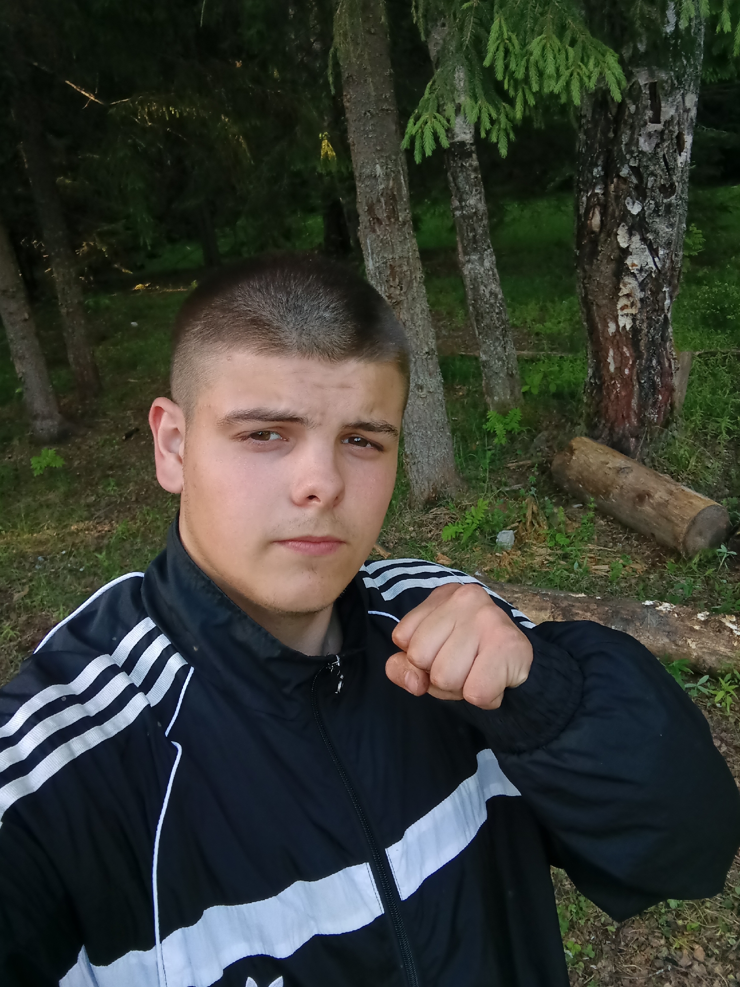 A young male is featured in a close-up outdoor selfie, looking directly at the camera. He has short, buzzed brown hair, brown eyes, and a neutral to slightly serious expression. He is wearing a black tracksuit jacket with prominent white stripes running down the sleeves and across the chest, consistent with Adidas branding. His right hand is raised and clenched into a fist, positioned in front of his chest.
The background consists of a wooded area, likely a forest, with several tree trunks showing varied bark textures, some appearing like birch or spruce trees, and dense green undergrowth. A fallen log lies on the forest floor to the right. The lighting suggests it is daytime, with soft, diffused light indicating either morning or late afternoon. The scene conveys a natural and calm outdoor environment. The location is Красный Маяк, Russia.