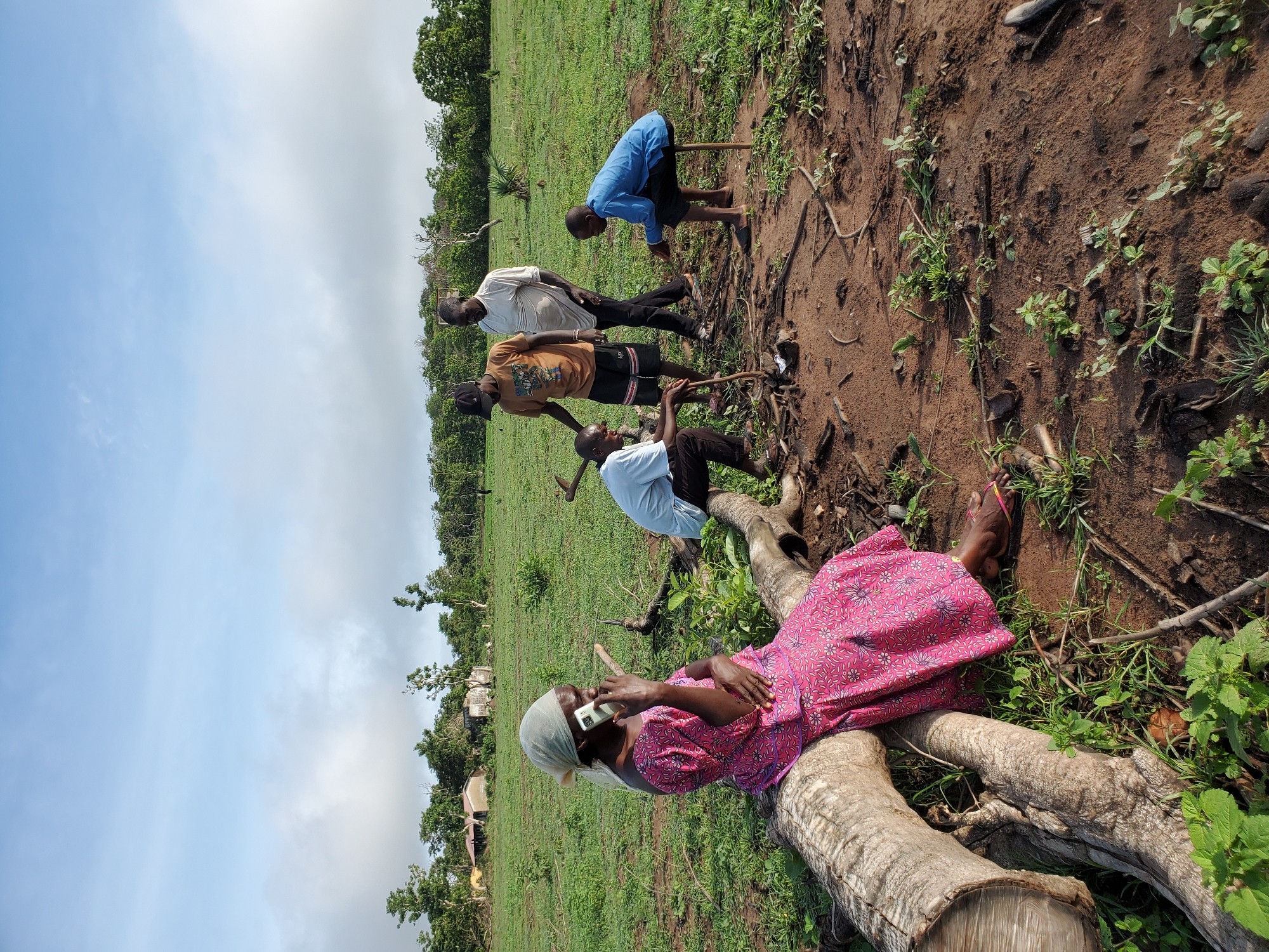 The image depicts a rural scene, likely in Mararaba, Nigeria, given the prompt's context. In the foreground, a woman in a pink floral dress and headscarf reclines on a felled tree trunk while talking on a white smartphone. Behind her, three men are working the land with hoes or similar agricultural tools. The ground appears to be a mix of bare earth and vegetation. The background shows a green field extending towards trees and a cloudy sky. The scene suggests agricultural activity and the use of technology in a rural setting.