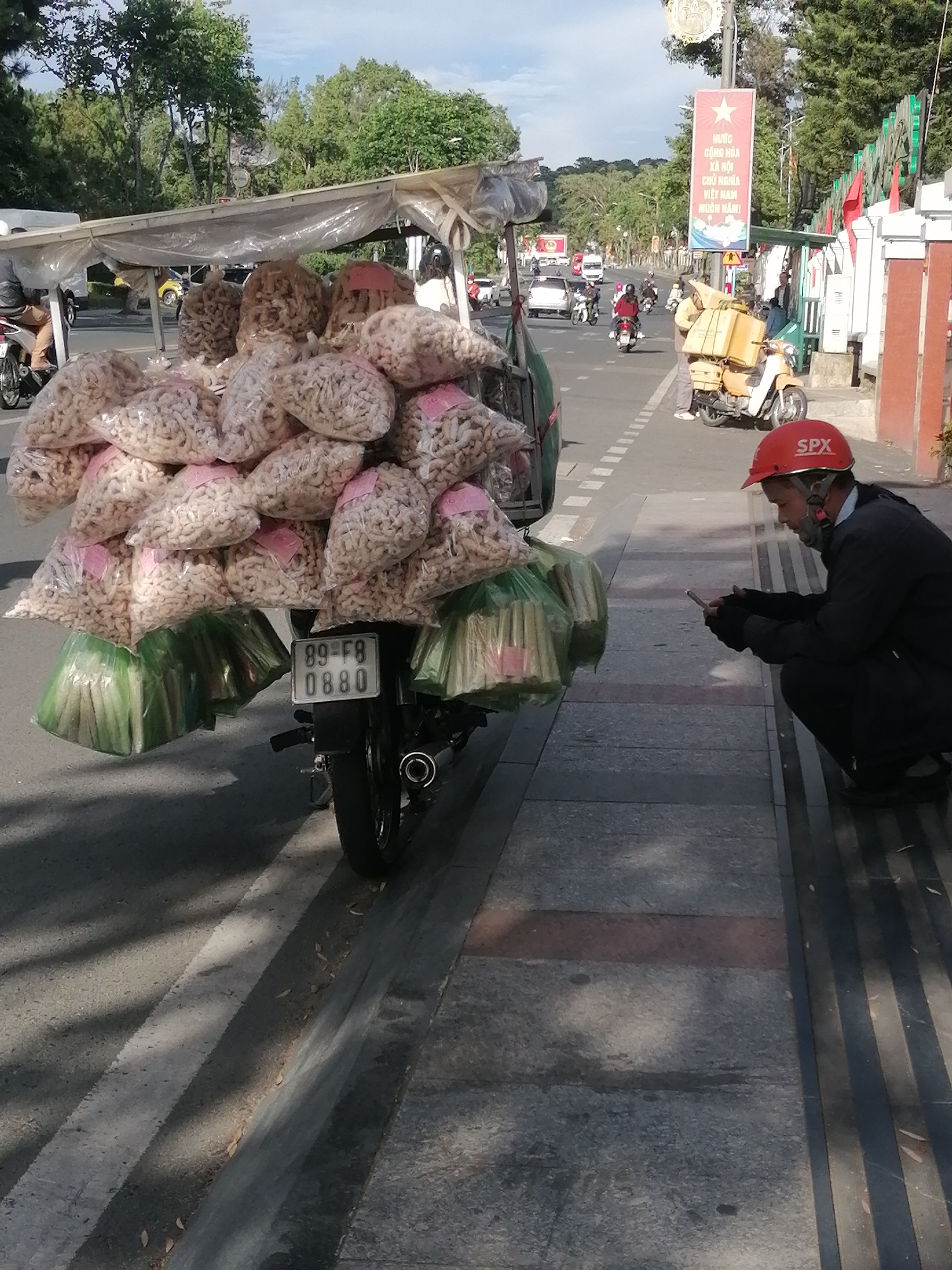 A man wearing a red SPX helmet and dark clothing kneels on a sidewalk, looking at his phone. He is crouched beside a motorcycle laden with large, clear plastic bags filled with what appear to be snacks or dried goods. The motorcycle is parked on the side of a road with traffic visible in the background, including cars and other motorcycles. A banner with Vietnamese text and an image of a boat hangs from a pole on the right side of the road. The scene appears to be set during the daytime, with sunlight casting shadows on the ground. The road has white lines indicating traffic lanes, and the sidewalk is made of stone tiles. In the distance, trees and buildings are visible, suggesting an urban or suburban setting in Da Lat, Vietnam. The overall atmosphere seems ordinary, with the man focused on his device while his motorcycle displays a significant amount of merchandise. The visible text on the banner reads "NƯỚC CỘNG HÒA XÃ HỘI CHỦ NGHĨA VIỆT NAM MUÔN NĂM" and the license plate on the motorcycle reads "89-F8 0880".