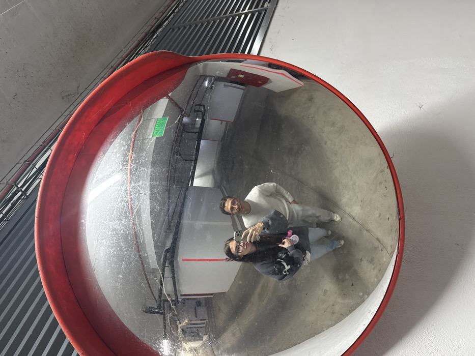 A wide-angle, slightly rotated image captures two individuals taking a selfie reflected in a large, circular convex mirror. The mirror, framed in red, is mounted on a light-colored wall.
In the reflection, a woman is positioned slightly in front, holding a smartphone in her right hand to take the picture. She wears glasses, a dark hooded top, light-colored jeans, and white sneakers. Her long, dark hair falls over her shoulders. She has a playful expression, with her tongue slightly extended. Her left arm cradles a small black and white dog, which is also looking towards the camera. Beside her, a man with short dark hair and a beard is smiling, looking towards the camera. He is dressed in a light-colored (possibly white or light grey) long-sleeved top, matching pants, and white sneakers.
The mirror's surface shows signs of wear, with numerous small scratches, dust, or dirt specks visible across its curvature. The reflected environment suggests an indoor setting, likely a parking garage or industrial area, with a concrete floor, light-colored walls, and some visible piping or conduits. In the upper left quadrant of the reflection, a small green rectangular sign with white text is visible on a wall; the text is too indistinct to read. A red panel or box is also reflected higher up on a wall in the background.
Outside the mirror's frame, to the upper left of the image (due to the rotation), a large metal grate or ventilation system with parallel bars is visible against a darker background. To the upper right, the plain light-colored wall on which the mirror is mounted is visible, with subtle shadows. The image itself is rotated counter-clockwise, giving the impression that the wall is positioned diagonally.