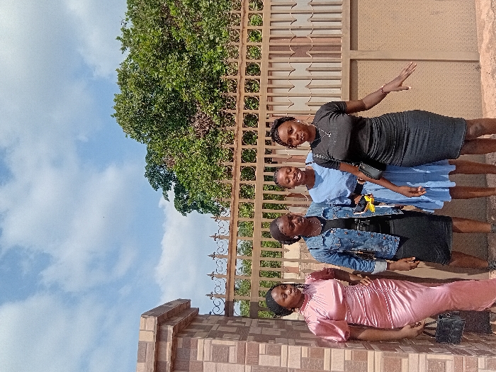 Four young adult females are standing outdoors in Ejule, Nigeria, in front of a brown metal gate with decorative finials. To the immediate left is a tiled structural pillar. From left to right, the first female wears a ruched pink gown and holds a black handbag. The second wears a denim jacket over a black top and skirt, with a yellow item on her hip. The third wears a light blue dress. The fourth wears a black top and skirt with a black shoulder bag, her left hand outstretched with an open palm. Behind the gate, dense green foliage is visible. The sky above is blue with scattered white clouds, indicating bright daylight. The ground beneath the individuals is an unpaved, light brown surface.
