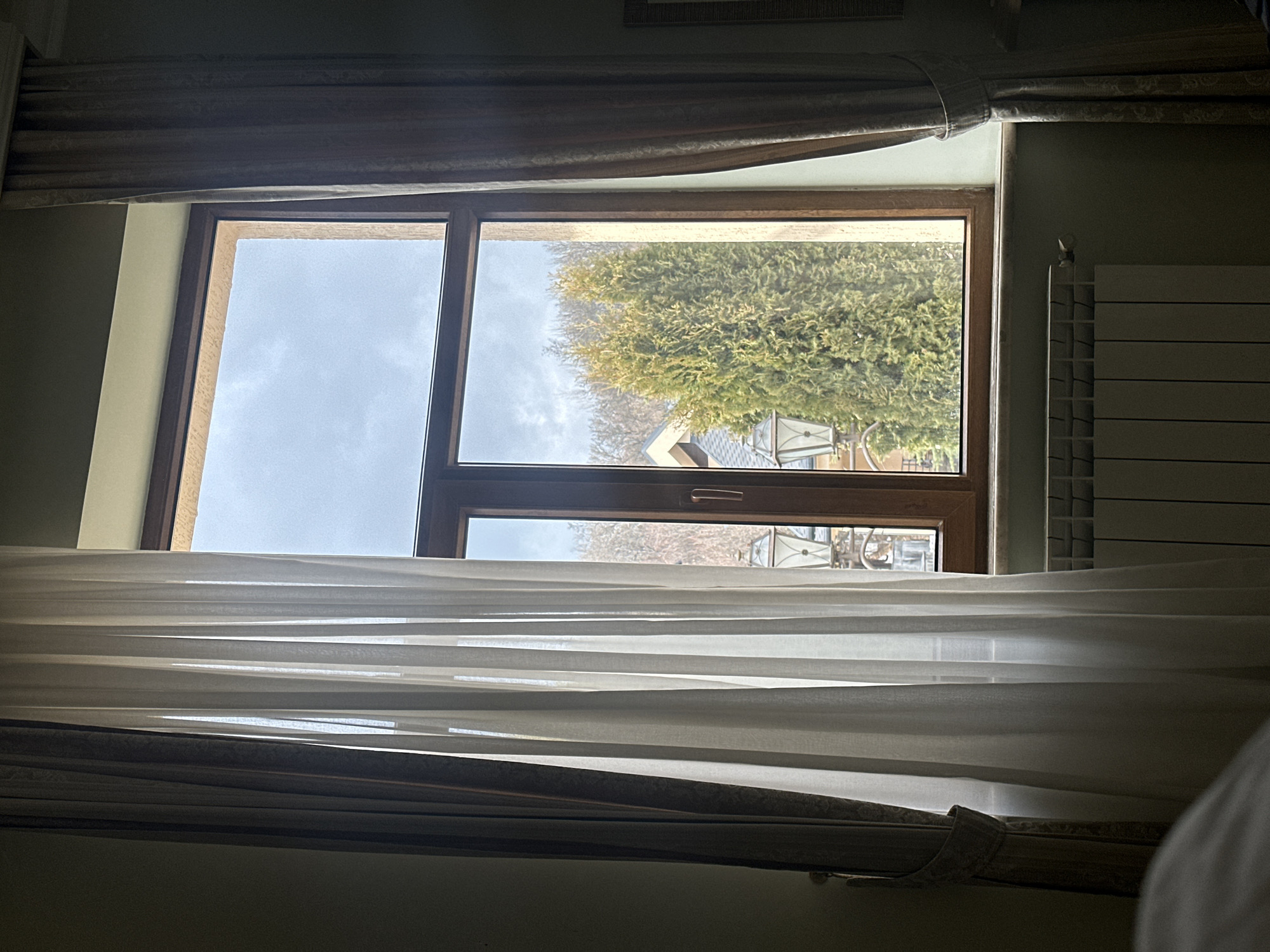 A view from inside a room in Tsakhkadzor, Armenia, shows a window partially obstructed by curtains. The window is divided into four panes, revealing a view of the outside. The top left pane shows a cloudy sky. The top right pane shows a large, bushy green tree and part of a building with a light-colored roof. The bottom panes are partially obscured by a sheer white curtain. To the right of the window, a white radiator is attached to the wall. The room appears dimly lit.