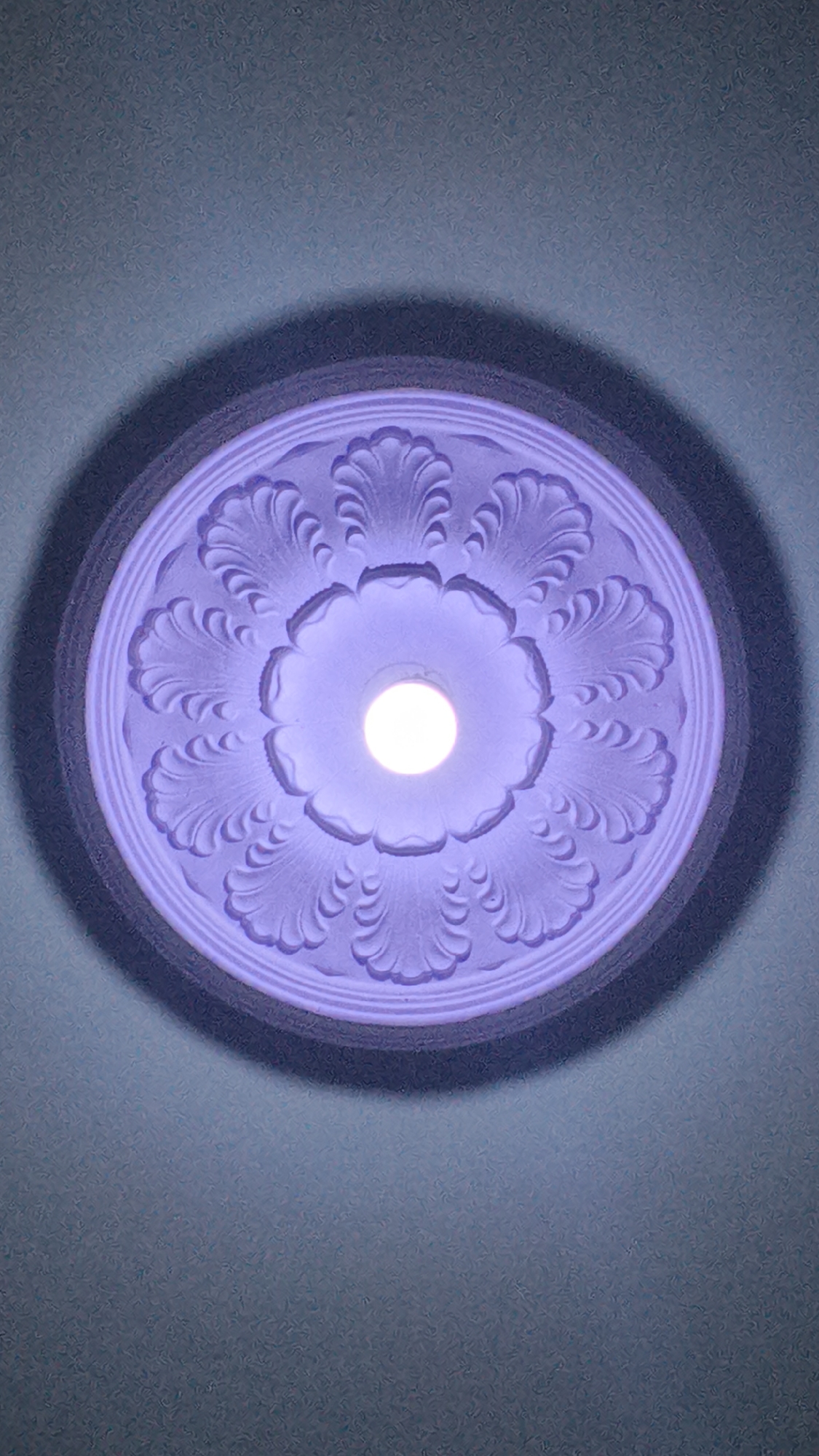 The image shows a ceiling light fixture with a decorative plaster medallion. The medallion is circular with an intricate floral pattern, painted in a light purple hue. At the center of the medallion is a bright, white light bulb, which appears to be the primary light source. The medallion is casting a soft shadow on the surrounding ceiling, which is a muted teal color with a textured finish. The image is shot from directly below the light fixture, looking upwards. No people, actions, or interactions are depicted in this image. The location of Kerep Kidul, Indonesia, is not visually discernible from the image itself.