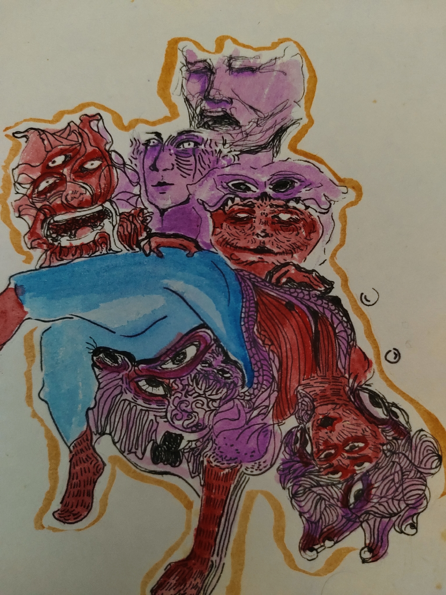 The image is an artistic illustration, not a photograph of a real-world scene, therefore it cannot be located in Davao City, Philippines or any other geographical location. The artwork depicts a chaotic and surreal composition of multiple faces and figures, rendered in a combination of pen and watercolor. The overall aesthetic is abstract and somewhat unsettling, with exaggerated features and disjointed elements. The colors used are predominantly reds, purples, and blues, with an orange outline defining the outer edges of the drawn forms. There is no discernible narrative or specific subject matter that can be interpreted as a "scene" in the traditional sense.