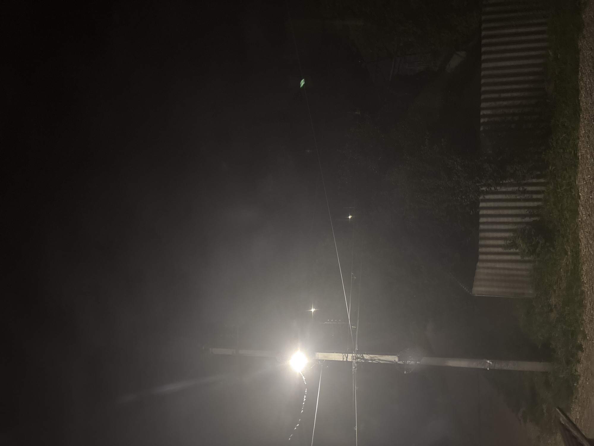 A vertical, wide-angle shot captures a dimly lit, foggy night scene in what appears to be a residential area. A solitary, illuminated streetlight stands prominently on the left, casting a bright glow that diffuses into the surrounding mist. Utility wires crisscross the frame, strung between poles, with small, decorative lights visible along one of them. In the background, a ribbed metal fence runs horizontally across the lower third of the image, partially obscured by dense foliage. The ground is covered with gravel and grass, suggesting an outdoor, possibly rural or suburban setting. The overall atmosphere is one of low visibility and quietude.