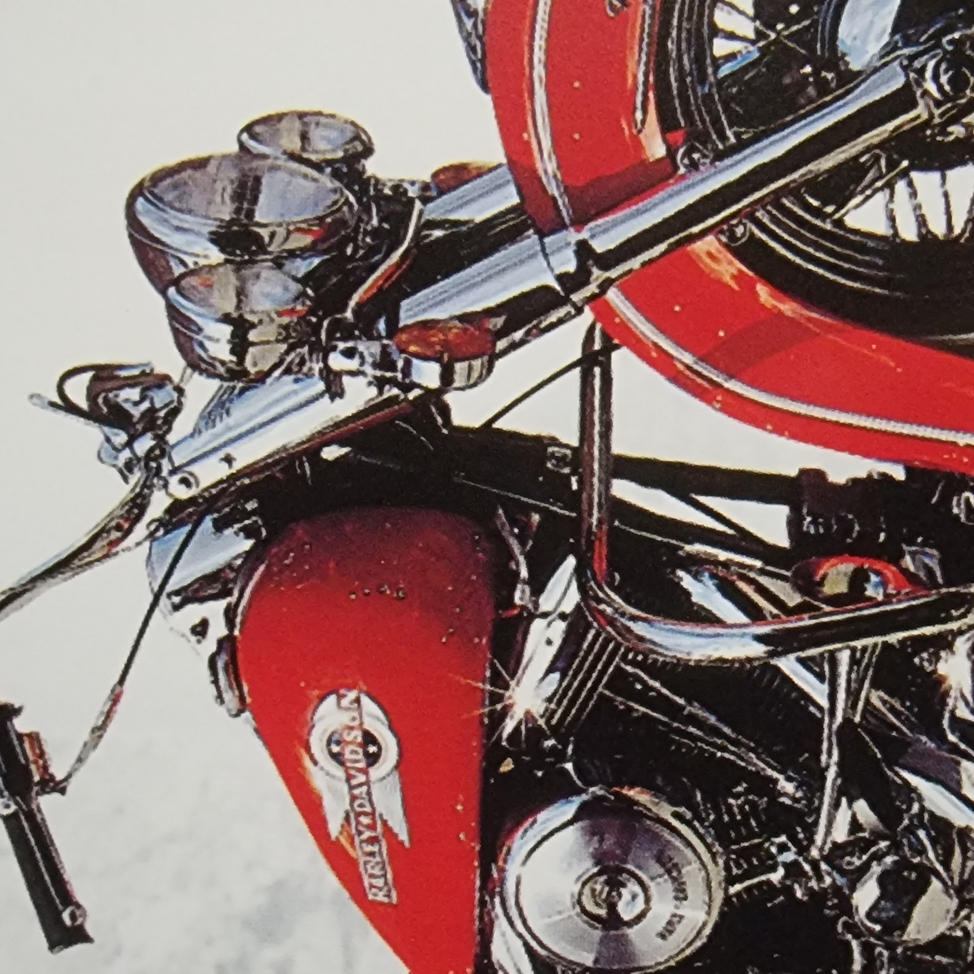 The image is a close-up, eye-level, full-shot of a red Harley-Davidson motorcycle against a white background. The motorcycle is depicted from the front-right, showcasing its iconic logo on the fuel tank, a prominent chrome headlight assembly, and the engine. The chrome elements on the motorcycle, including the handlebars, forks, and engine components, are highly polished and reflect light. The red paint of the fuel tank and fender is vibrant and appears to have some water droplets or texture. The engine is complex and detailed, with visible cylinders, fins, and various mechanical parts. The front wheel, with its spokes and chrome rim, is partially visible. The overall impression is one of a well-maintained and powerful machine. The image's focus is solely on the motorcycle, with no other objects or people present. The lighting is bright, creating strong highlights and shadows on the motorcycle's surfaces.