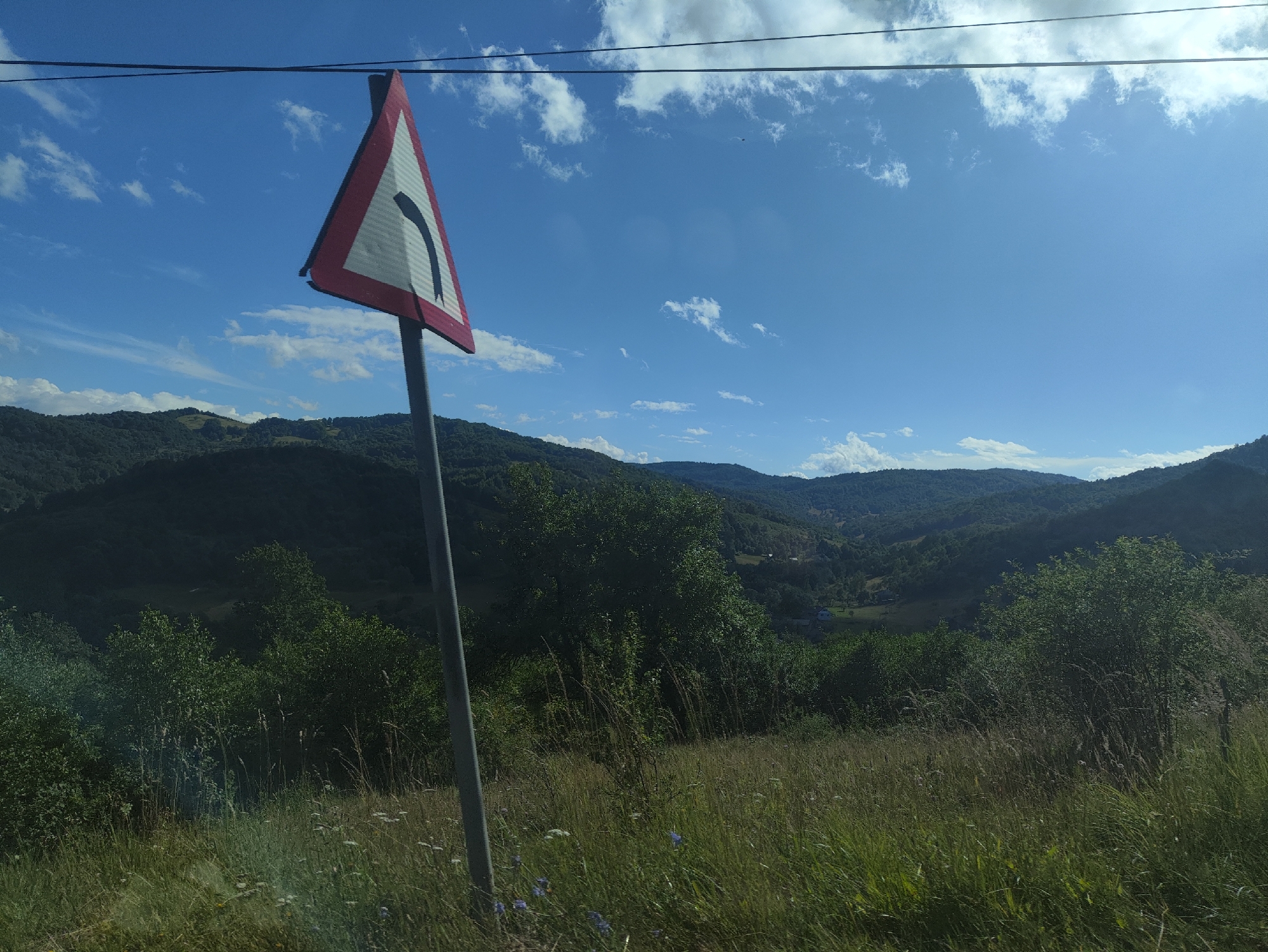 The image depicts a scenic view of rolling, tree-covered hills under a bright blue sky with scattered white clouds. In the foreground, a traffic sign warning of a sharp left turn is prominently displayed on a metal pole. The sign is triangular with a red border and a white interior, featuring a black curved arrow indicating the turn. Surrounding the sign is a field of tall, green grass with some wildflowers. Power lines are visible in the upper portion of the image, stretching across the sky. The landscape suggests a rural or mountainous area, consistent with locations like Petrova, Romania, known for its natural beauty and hilly terrain. There are no people visible in the image. The overall atmosphere is serene and natural.