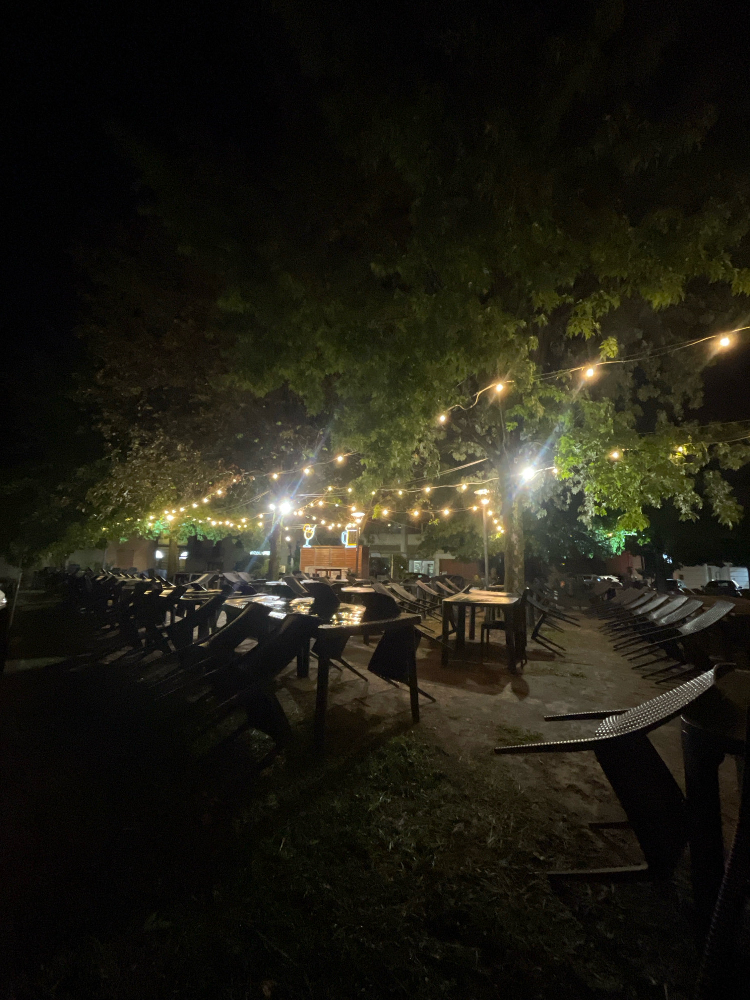 The image depicts an outdoor seating area, likely a restaurant or bar, at night. Strings of warm-toned fairy lights are draped across the trees, illuminating the scene. Several tables and chairs, some made of dark wicker or similar material, are arranged throughout the space. The ground appears to be a mix of grass and a dirt or gravel path. In the background, there is a structure with a bar or counter area and decorative elements resembling large glasses of beer and cocktails. The scene is quiet and appears to be closed for the night. This outdoor seating area is located in the city of Altopascio, Italy.