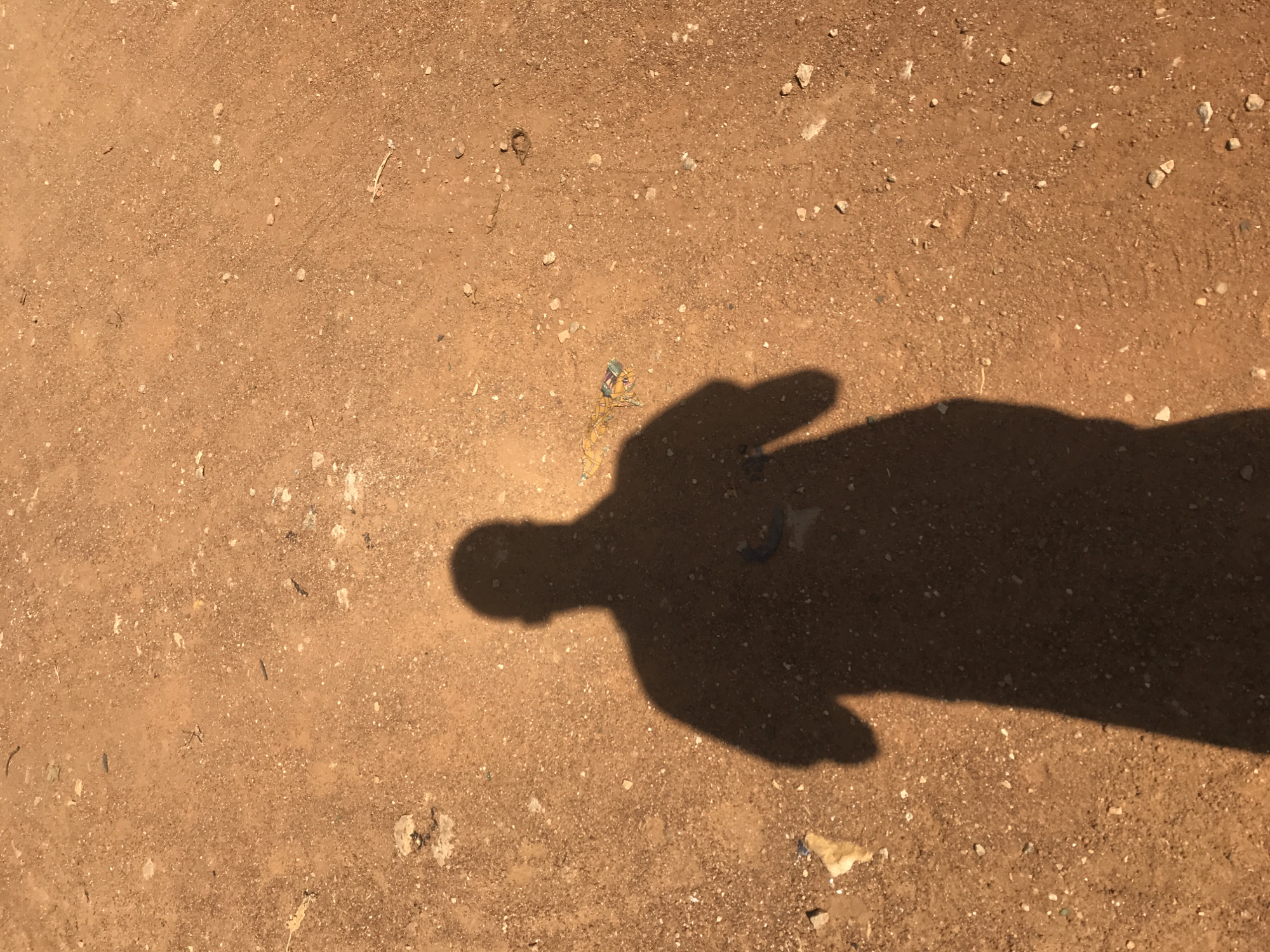 The image presents an overhead perspective of a person's shadow cast onto a sun-drenched, unpaved dirt ground in Mandate Estate, Ilorin, Nigeria.
The primary subject is a dark, elongated human shadow, positioned prominently from the lower right to the upper left of the frame. The shadow clearly outlines a head, shoulders, and arms, with one hand appearing slightly raised or extended. This distinct and lengthy shadow indicates that the photograph was taken during either the early morning or late afternoon, when the sun is low in the sky. The bright and even illumination of the ground outside the shadow suggests clear, sunny weather.
The ground itself is a light to medium brown, composed of fine soil mixed with numerous small white and grey pebbles and stones. Scattered sparsely across the surface are various small pieces of debris, including tiny fragments of what appears to be plastic or fabric (one notably blue and yellow near the center), and small organic specks.
No specific activity beyond the presence of the photographer's shadow is depicted. The scene is a simple observational shot of an outdoor setting, typical of unpaved pathways or open areas. There is no visible text in the image.