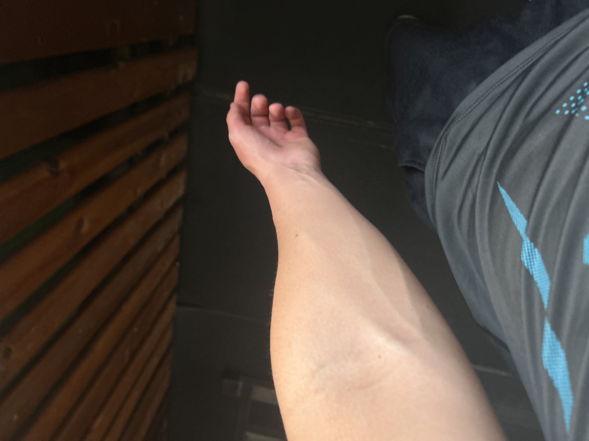 An arm and hand are in the foreground of the image, appearing light-skinned with visible veins. A pair of dark-colored pants or jeans are visible in the upper right corner of the image, along with a portion of grey shorts or pants with blue patterns. In the background, to the left, are wooden slats of a wall or fence. The background appears dark, suggesting an indoor or shaded outdoor setting. The location in the city of Zlatograd, Bulgaria is not apparent from the provided image.