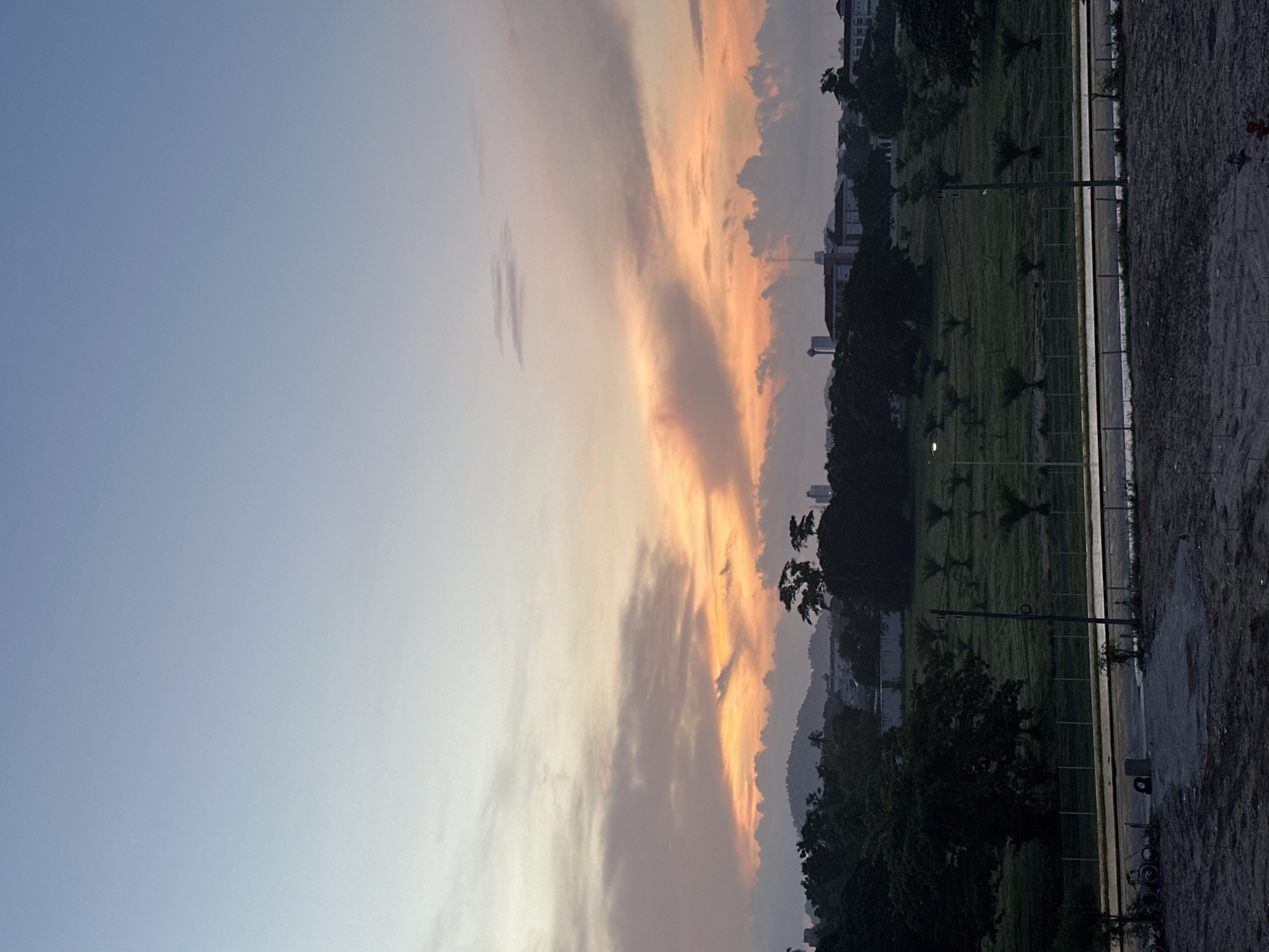The image depicts a natural landscape at dusk, with a clear sky transitioning from a pale blue at the top to warmer tones of orange and pink near the horizon. Scattered clouds are illuminated by the setting sun, creating a dramatic effect. In the foreground, a vast expanse of green grass covers rolling hills, dotted with small palm trees. A paved road runs horizontally across the middle ground, bordered by a chain-link fence. Beyond the road, a dark mass of trees forms a dense line, with a few buildings and taller trees emerging above them. In the far distance, a hazy cityscape with buildings and a tall tower can be seen against the backdrop of mountains. The overall atmosphere is serene and tranquil, with the fading light creating a sense of calm.