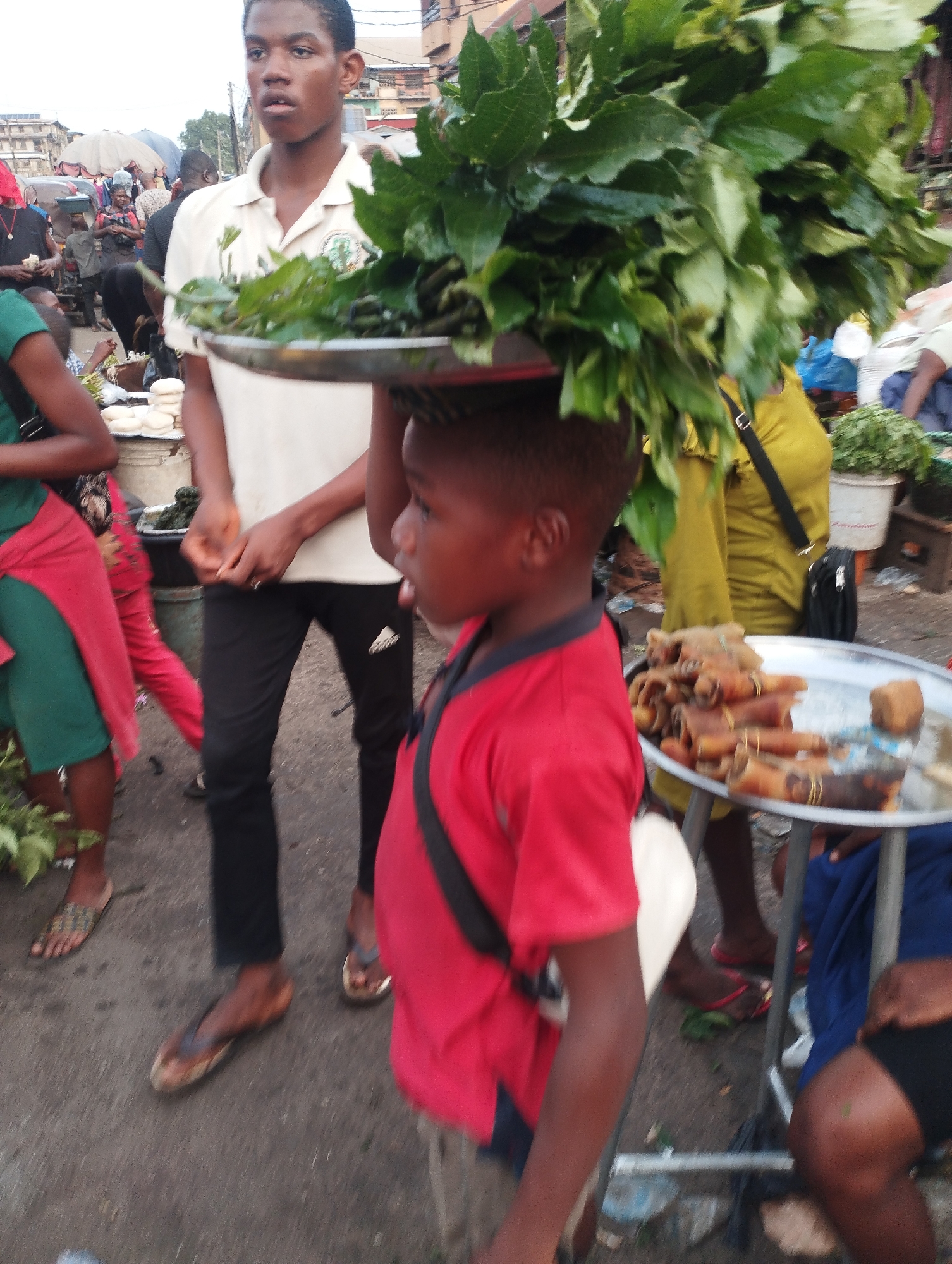The image depicts a bustling marketplace in Fegge, Nigeria. A young boy is carrying a tray piled high with leafy green vegetables on his head. A teenage boy in a white shirt and black pants stands beside him holding a similar tray. Other individuals are visible in the background and to the sides, indicating a crowded environment. Merchandise is displayed on trays and in buckets, suggesting commerce. The street surface appears worn and uneven.