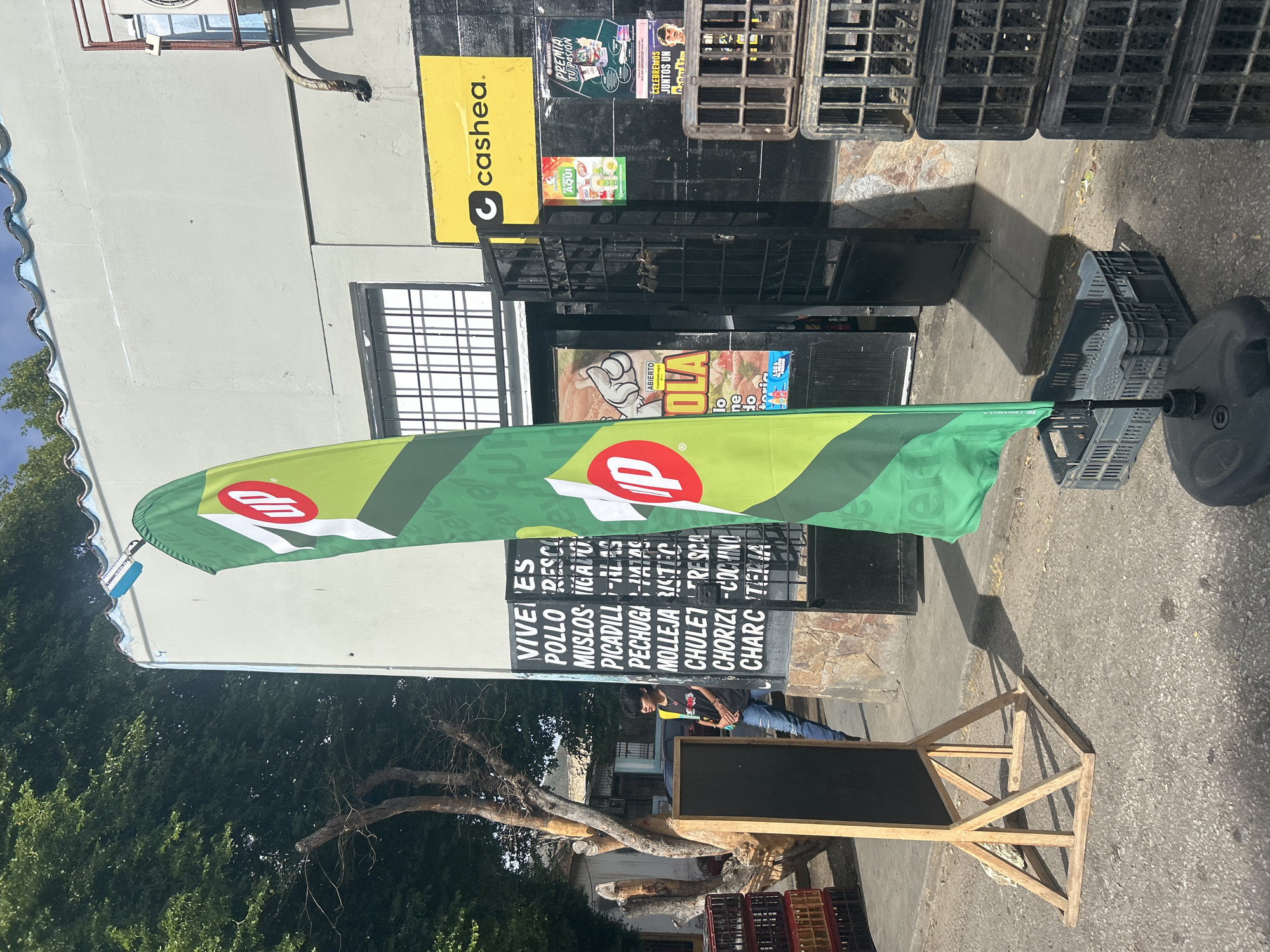 The image depicts a street-level view of a storefront in Santa Ana, Venezuela. A tall, green and lime green 7UP branded flag stands prominently in the foreground, positioned on the right side of the frame. To the left of the flag, a young individual, likely male, is standing near a black chalkboard sign supported by a wooden easel. The chalkboard lists various food items with prices.
The storefront itself appears to be a small business, with an open doorway leading inside, secured by a black metal gate. Above the entrance, a yellow sign with black lettering reads "cashea." Various advertisements and posters are visible on the wall of the building, including one with a depiction of a hand and the word "ABIERTO." Stacks of black plastic crates are piled on the right side of the building's facade. The ground is paved with asphalt and concrete. Trees and foliage are visible in the background, suggesting a somewhat urban or semi-urban environment. The overall lighting suggests it is daytime, with shadows cast on the ground.