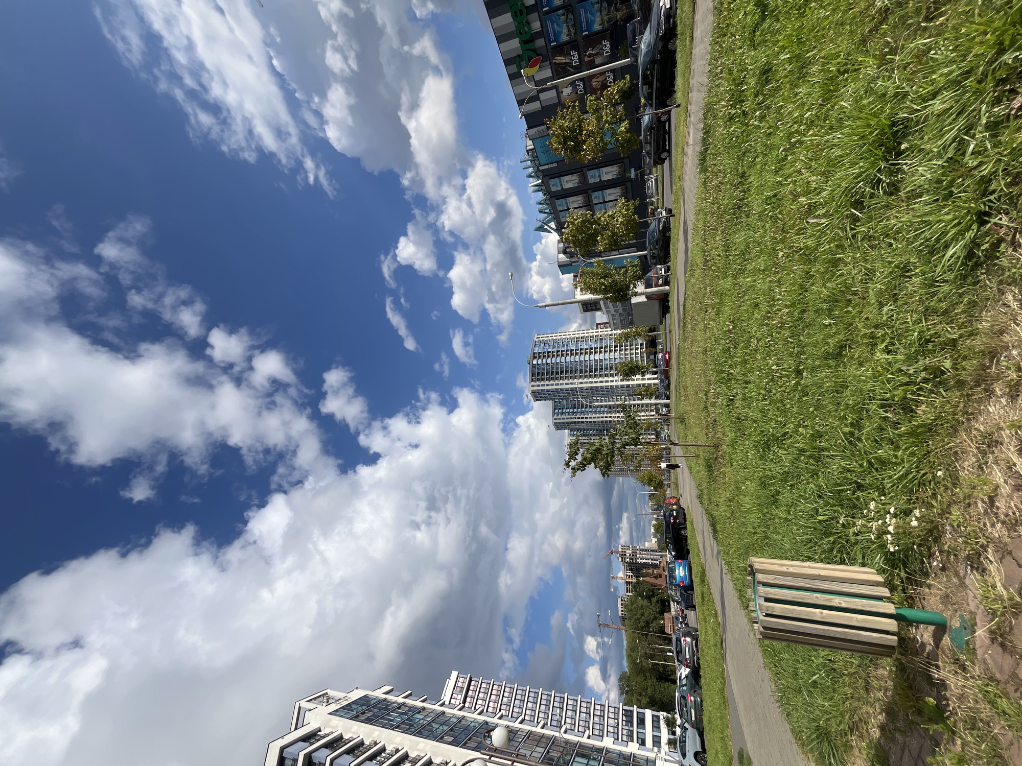 The image depicts a wide, paved road lined with cars and residential buildings, typical of an urban environment. In the foreground, a patch of tall, green grass is interspersed with small white flowers and a wooden trash bin with a metal base. Beyond the grass, a paved walkway runs alongside the road. Several cars are parked along the road and moving on it. In the background, a row of modern, tall apartment buildings with glass balconies dominates the skyline. Further in the distance, construction cranes indicate ongoing building projects. On the right side of the image, a large, modern shopping center with a dark facade and illuminated signage is visible. The sky is a vivid blue, dotted with fluffy white clouds, suggesting fair weather. The overall scene is an everyday urban landscape.