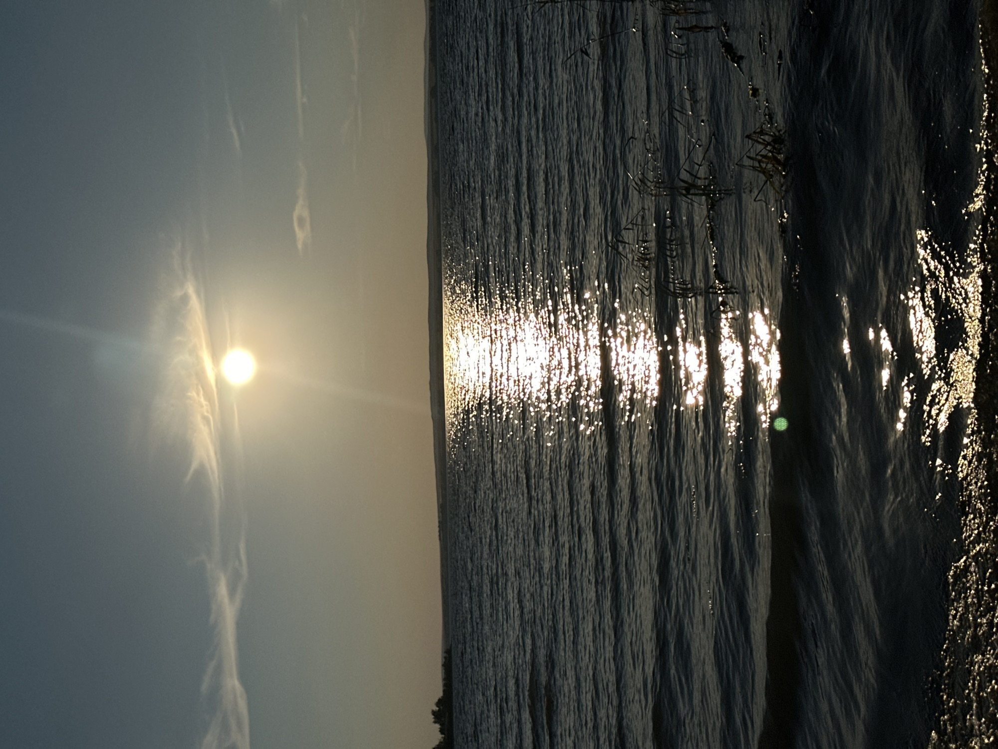 The image depicts a wide shot of a body of water, likely a lake or reservoir, during what appears to be sunset or sunrise. The sun, a bright orb, is visible in the upper center of the frame, casting a strong reflection across the water's surface, creating a shimmering path of light. The sky is a gradient of soft blues and yellows, with wispy clouds in the distance. The water itself is a deep blue, with gentle ripples on its surface. In the far distance, a low, undulating horizon line suggests land with trees on the left side of the frame. The shoreline in the foreground is indistinct and dark, with some vegetation visible emerging from the water. The overall scene is serene and natural. This scene is likely located near the city of Energetik, Russia, due to the presence of the Energodar Reservoir, which is a significant feature of the landscape surrounding the city.