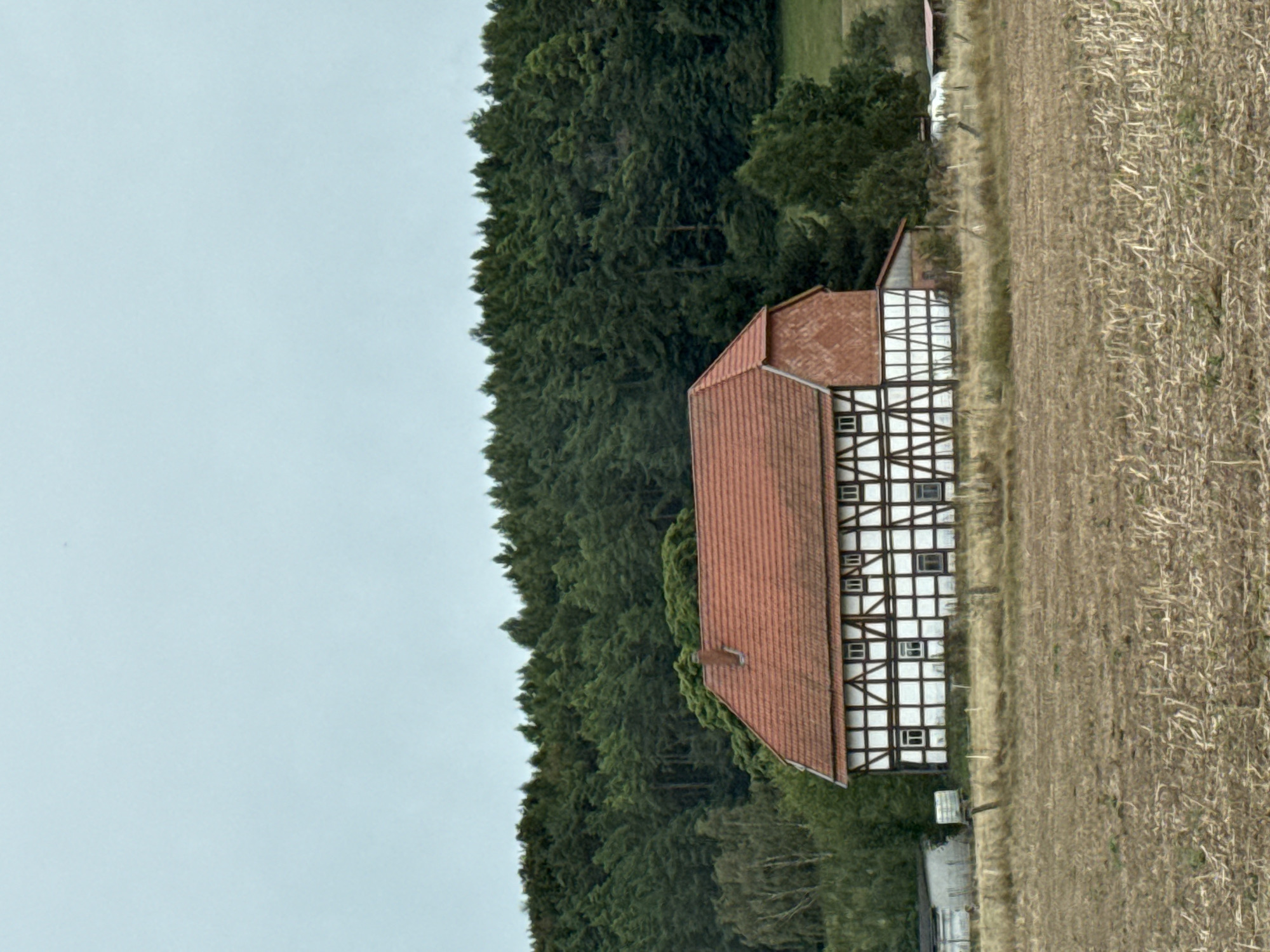 A half-timbered house with a red tiled roof stands in a field in Ellrich, Germany. The house has white infill between dark timber beams and numerous small windows. In the background, a dense forest borders the property, with a few scattered trees in front of it. A partially harvested field with stubble is in the foreground, with a fence line running through it. To the left of the house, a small, light-colored shed or outbuilding is visible. The sky is overcast and pale blue.