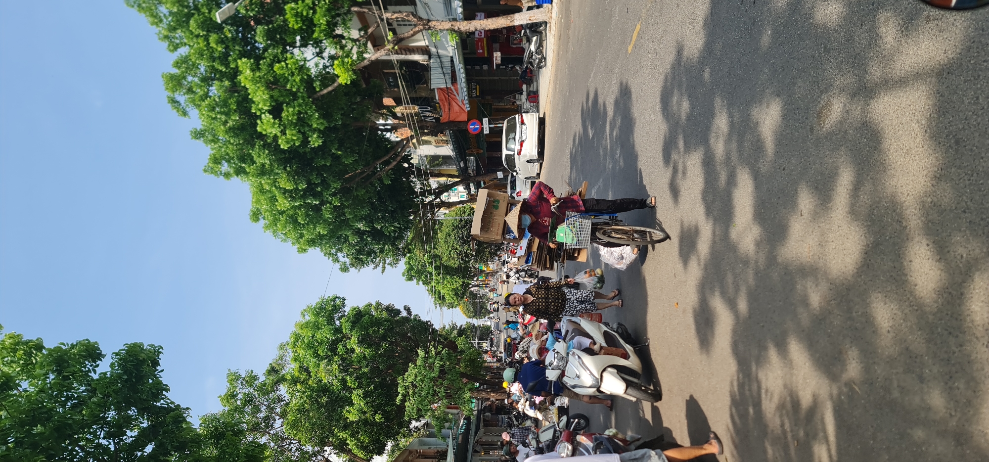 This media file captures a vibrant street scene in Da Nang, Vietnam, under a clear blue sky. The image is oriented vertically, showing the sky on the left and the street on the right.
In the foreground, two women are prominent on the right side of the asphalt road. One woman, smiling towards the viewer, wears a patterned dress and flip-flops, holding a plastic bag filled with what appears to be produce. Next to her, another woman, wearing a red long-sleeved shirt, dark pants, a face mask, and a traditional conical hat (nón lá), stands beside a bicycle. The bicycle is heavily laden with cardboard boxes and other items, with a white basket attached to the handlebars. She appears to be a street vendor or a collector of recyclable materials. A white scooter is parked near the smiling woman.
The mid-ground and background reveal a bustling urban street. Numerous motorbikes, many with riders wearing helmets, populate the street, indicating active traffic or parked vehicles. Buildings line the right side of the street, featuring multi-story structures, possibly commercial or residential. Lush green trees are abundant on both sides, casting distinct, dappled shadows across the sunny road, suggesting a bright late morning or early afternoon. Numerous overhead wires crisscross above the street between the buildings and trees.
Notable details include the characteristic Vietnamese conical hat worn by one woman and the prevalence of motorbikes, which are common in Southeast Asian cities. Visible text includes "TÂN VŨ" on a building sign, a red circular "No Parking" sign, and some Vietnamese text like "GIA BÌNH" on one of the cardboard boxes. The atmosphere is active and reflects daily life in a busy urban setting.