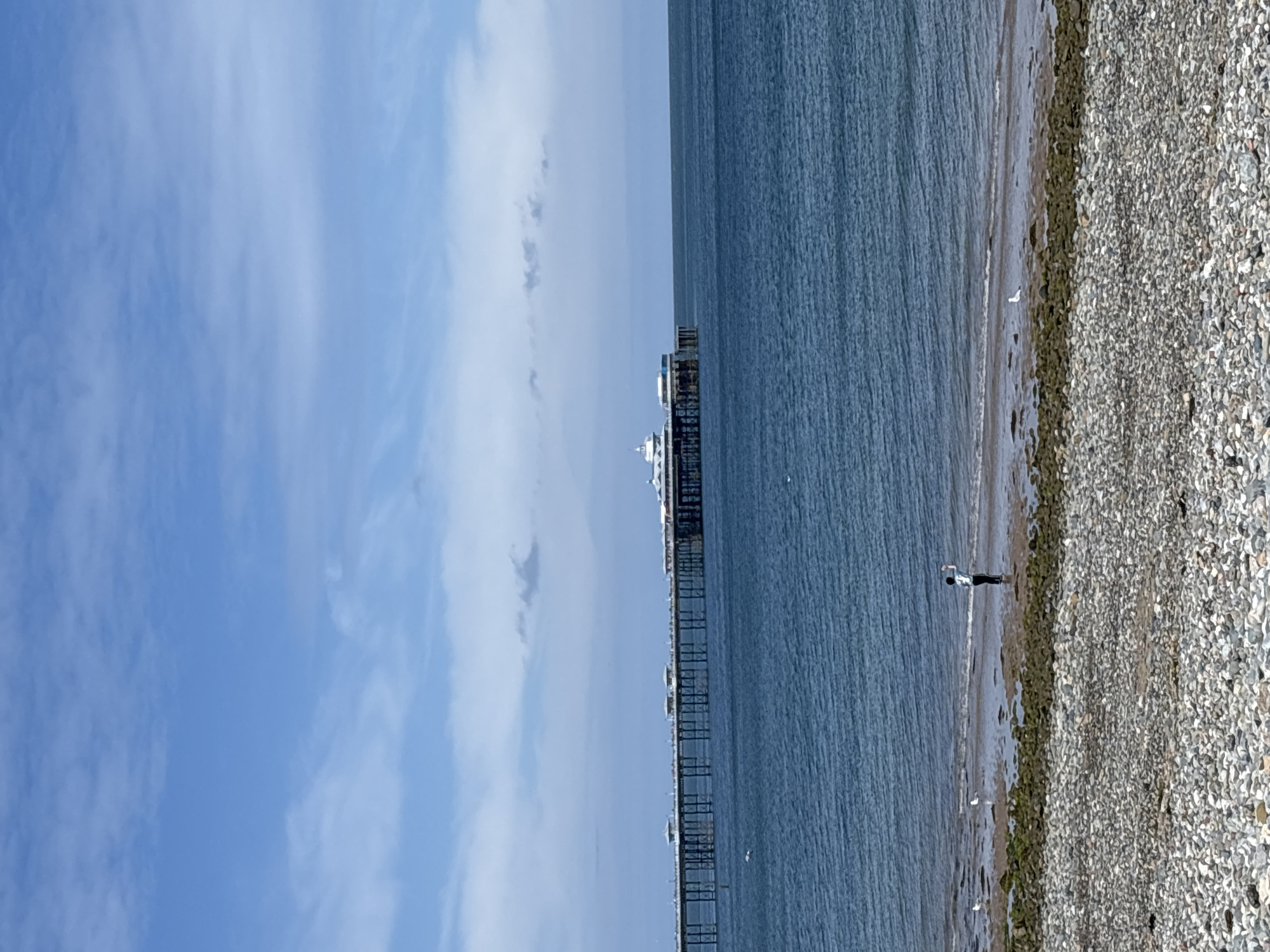 The image shows the Llandudno Pier in Llandudno, United Kingdom, stretching into the sea from a pebble beach. The sky is pale blue with scattered white clouds. A person stands near the water's edge on the beach. Several seagulls are present on the beach.