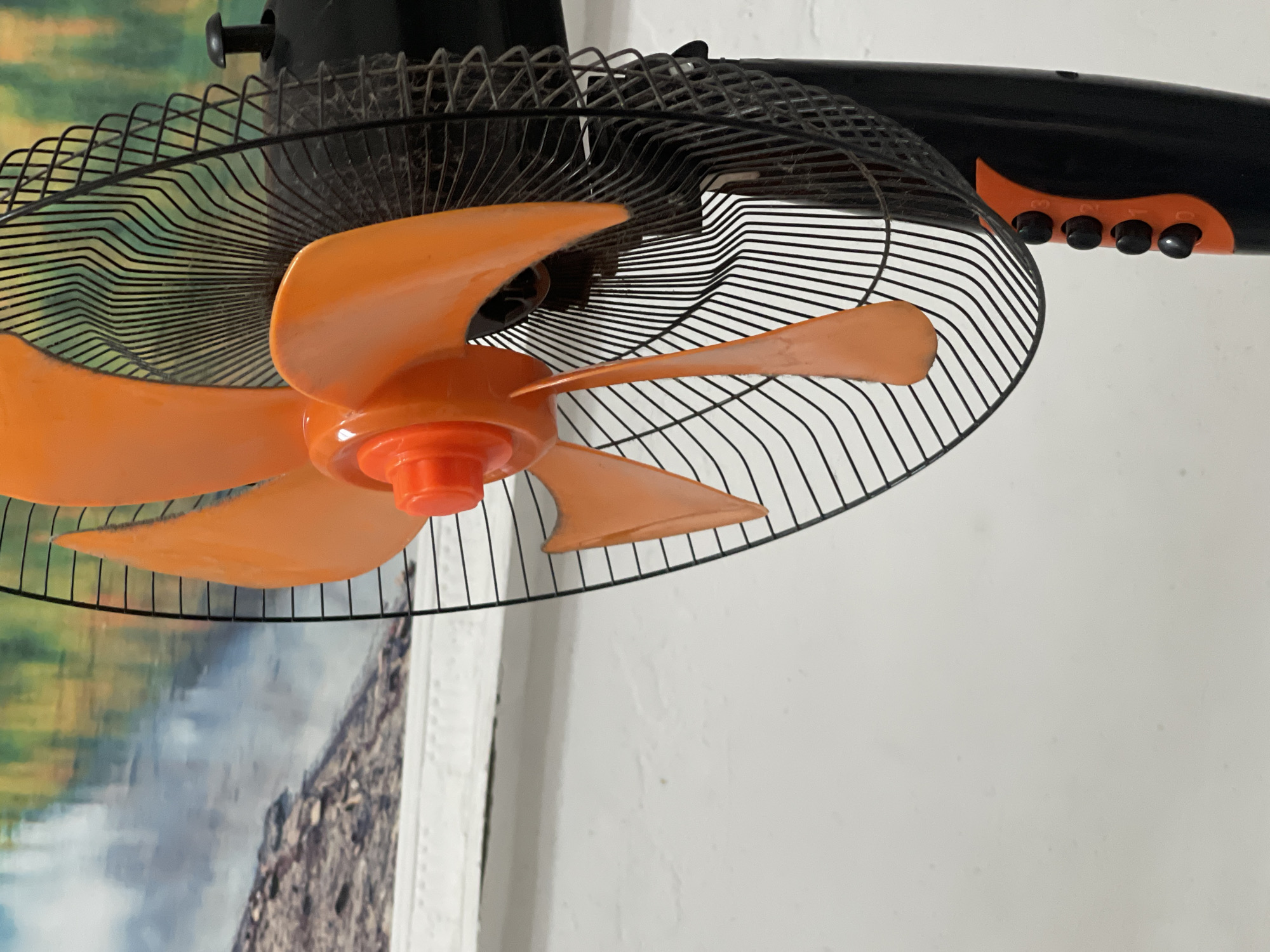 An indoor, close-up, eye-level shot shows a black and orange oscillating fan with orange blades and a black grate. The fan is positioned in front of a wall and a framed artwork or mural depicting a body of water with reflections of trees. The fan's base has black and orange accents with four black buttons on the side. The overall scene appears to be in a domestic setting within Bishkek City, Kyrgyzstan.