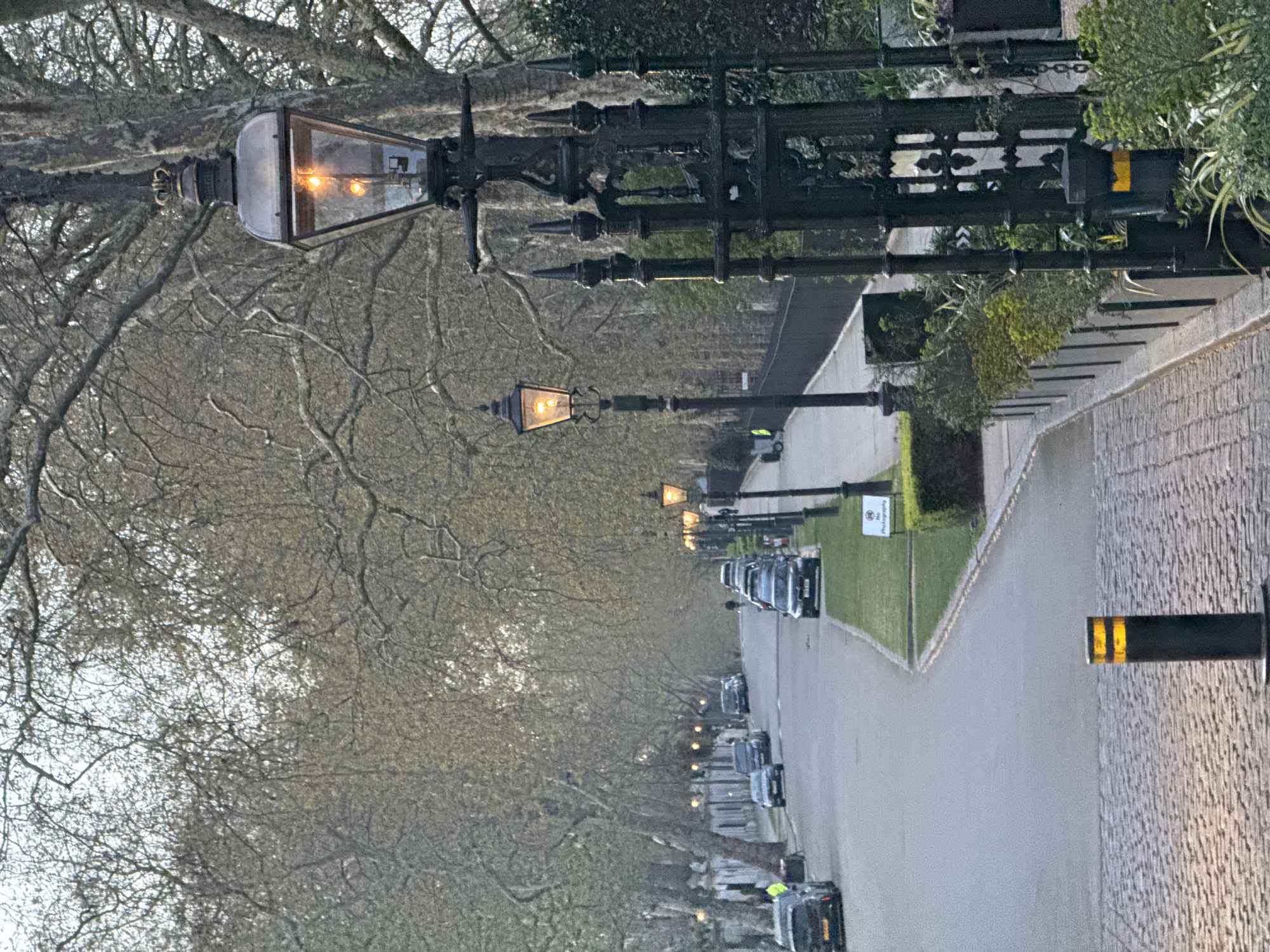 The image captures a street scene in London, United Kingdom, characterized by vintage-style gas street lamps lining the pavement. The lamps are lit, casting a warm glow. A row of cars is parked along the roadside. A brick wall runs along the right side of the street. A sign is visible with the words "No Photography". Leafless trees with intricate branches arch over the street, partially obscuring the sky. The pavement is constructed of cobblestone or brick.