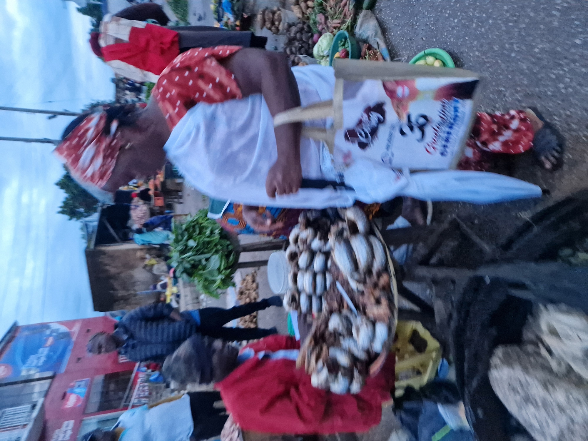 The image depicts a bustling outdoor market scene, likely in Kabong, Nigeria, characterized by vendors and shoppers amidst a variety of goods. In the foreground, a person wearing a red jacket is standing behind a large tray piled high with what appears to be dried fish, suggesting a food sales stall. To the right, another individual, possibly a female vendor, is partially visible, dressed in a patterned garment and a headscarf, carrying a fabric tote bag with text and imagery. Behind these individuals, other market-goers are present, some blurred in motion.
The environment includes stalls with produce, including leafy greens and root vegetables, as well as what seem to be crates and baskets containing goods. In the background, buildings are visible, one painted red with signage, indicating a commercial area. The lighting suggests it is either early morning or late afternoon, with a slightly overcast sky. The ground is paved, typical of a marketplace. The overall atmosphere is one of active commerce and community interaction.