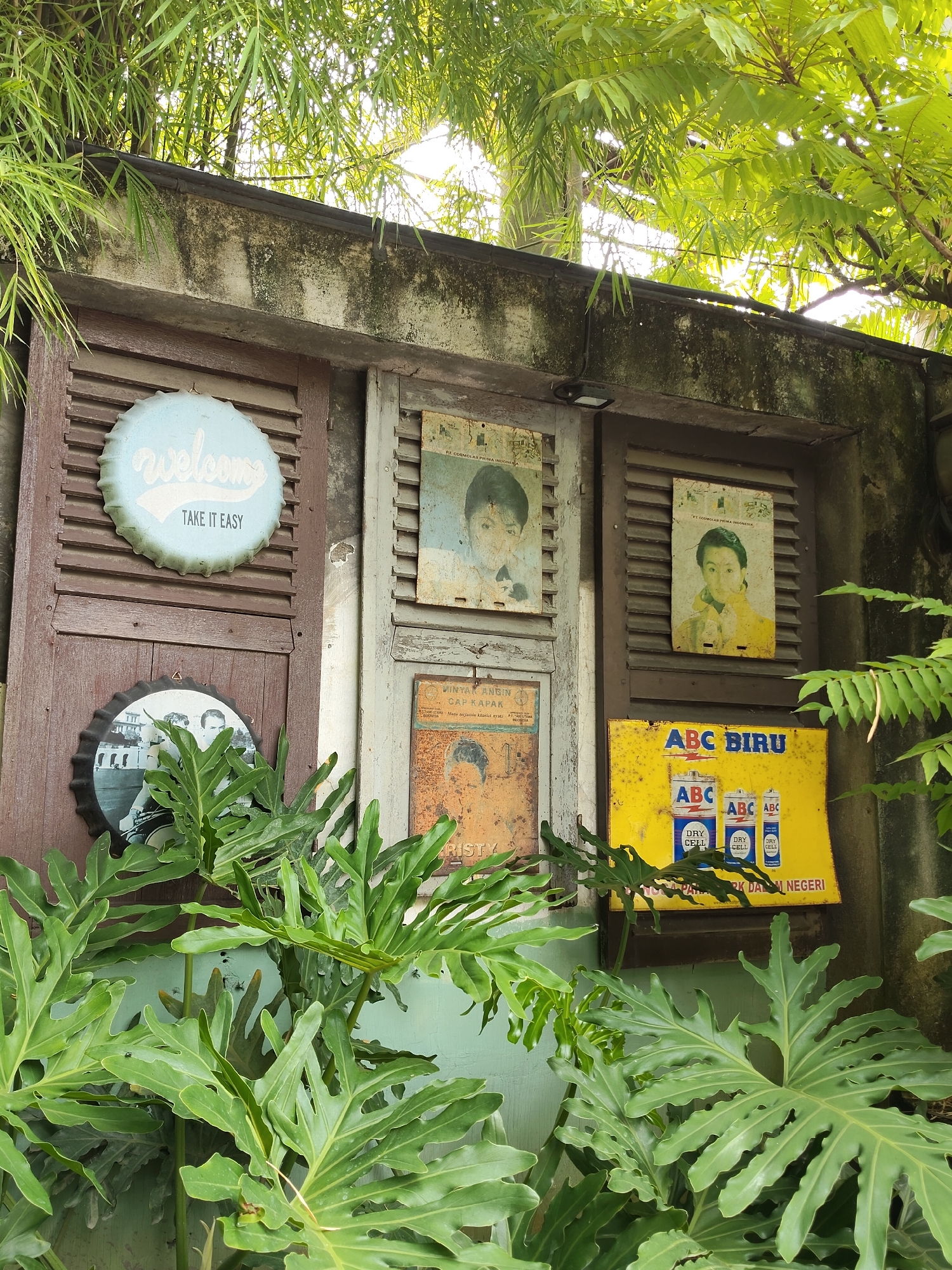The image depicts a rustic wall with several decorative elements, situated outdoors amidst lush greenery. The wall is constructed from concrete with patches of moss and weathering, suggesting an aged structure. Attached to the wall are wooden shutters, some of which are partially open, revealing the wall behind.
Prominently displayed is a round, light blue metal sign with the word "welcome" in stylized script and "TAKE IT EASY" below it. To the left of this sign, also attached to a wooden shutter, is a circular black and white photograph framed by a metal bottle cap. The photograph appears to show a building and two people.
Several vintage-style advertisements are also affixed to the wall. One is a rectangular poster featuring a portrait of a young woman. Another, below it, is a faded poster with text and what appears to be a portrait of a man. A bright yellow advertisement for "ABC BIRU DRY CELL" batteries, featuring three battery illustrations, is positioned on the lower right side of the wall.
The scene is framed by large, deeply lobed green leaves of tropical plants in the foreground, with bamboo and other foliage visible above the wall, indicating a garden or outdoor setting. Sunlight filters through the leaves, creating dappled light and highlights. The overall impression is one of an eclectic, decorative outdoor wall, likely part of a cafe, restaurant, or a home with a distinct aesthetic. This scene is located in the city of Medan, Indonesia.
