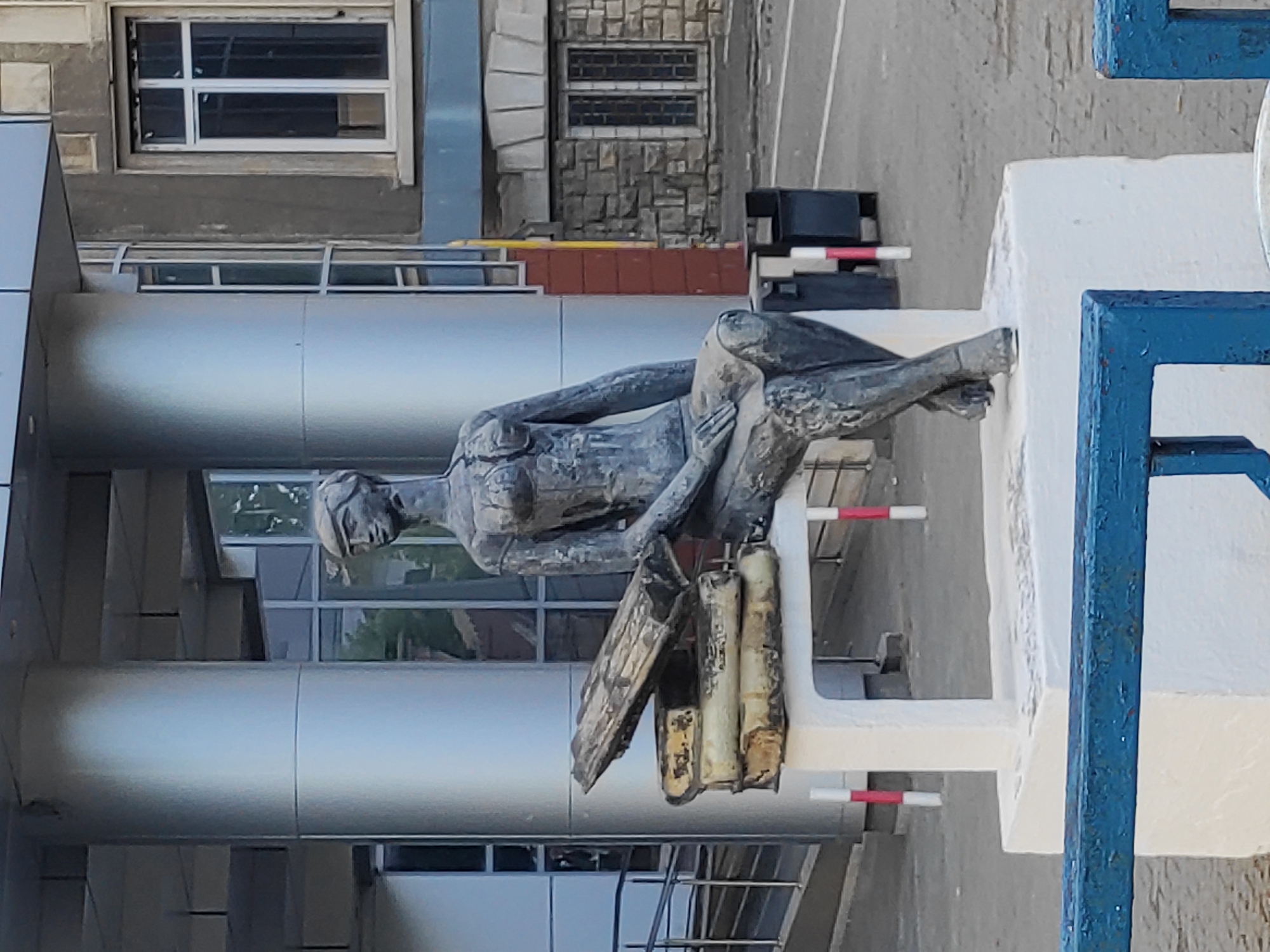 This is a medium shot, eye-level, outdoor photograph of a bronze statue of a woman sitting on a bench with books. The statue is located in the city of Constanța, Romania. The woman is depicted with a serene expression, wearing a cap and a dress. She is seated on a white bench with a stack of old, weathered books piled on her left side, one of which she appears to be reading. The statue is placed on a larger white pedestal.
In the background, a modern building with large, reflective windows and cylindrical pillars is visible. To the right of this building, an older, stone-clad building with a prominent window is present. The ground is paved, and there are some street elements such as trash receptacles and bollards with red and white markings. The overall scene suggests an urban public space, possibly near an educational institution or a cultural landmark. The lighting indicates it is daytime with sunlight casting shadows.