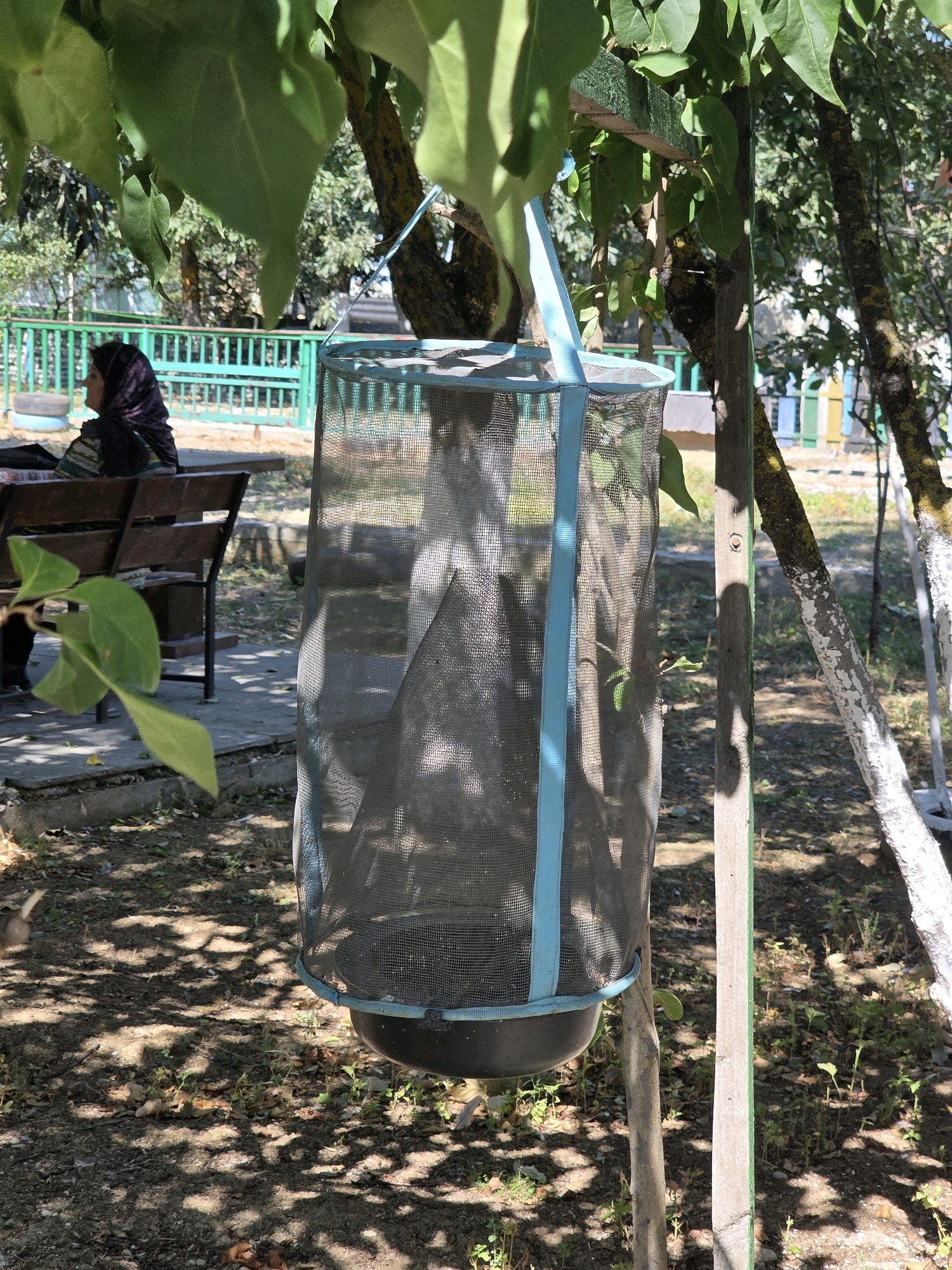The image depicts an outdoor scene in Qobustan, Azerbaijan, with a focus on a hanging mesh container, likely a trap or bin, suspended from a tree branch. The container is cylindrical and appears to be made of fine mesh, possibly for catching insects or small animals, or for collecting debris. A dark, bowl-like base is attached to the bottom of the mesh cylinder. The container is positioned in the foreground, with its mesh material and light blue trim clearly visible.
Behind the trap, a person wearing a dark headscarf and a striped garment is seated on a wooden bench. The bench is dark brown and has a slatted back. The person is partially obscured by leaves from overhead trees. The ground is covered with dirt, leaves, and small plants, with dappled sunlight creating shadows across the surface.
In the background, a bright green metal fence runs horizontally, separating the immediate area from a more distant landscape. Beyond the fence, trees and other vegetation are visible, along with hints of structures and possibly other fences with varied colors, suggesting a park or residential area. The overall environment appears to be outdoors, possibly in a garden or a public space. The lighting indicates a sunny day.