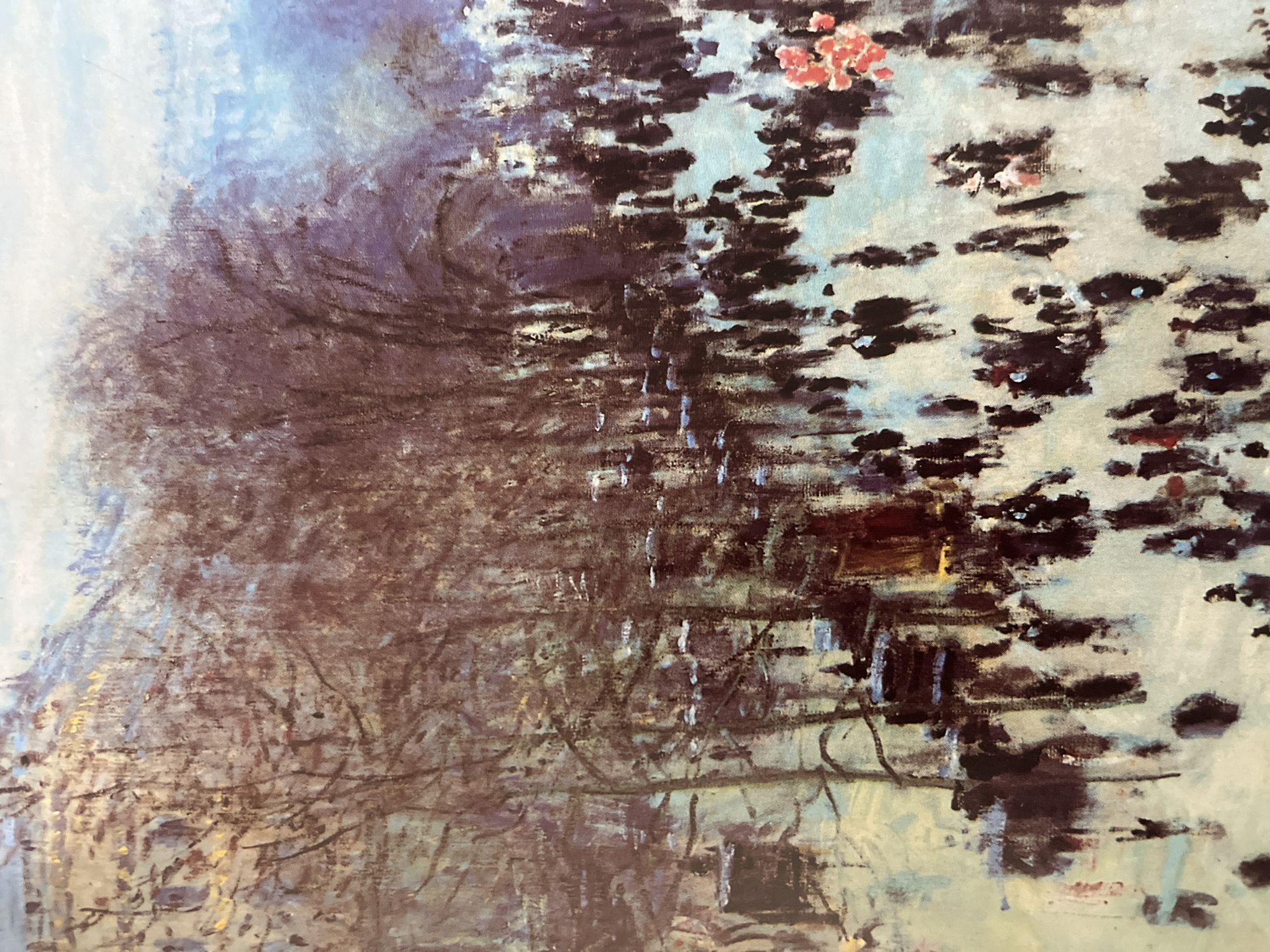 The image appears to be a close-up of a painting depicting a body of water, possibly a lake or pond. The right side features scattered, dark shapes that resemble vegetation or lily pads on the surface of the water, with a few pink or red accents. The left side of the painting is dominated by a large, amorphous area of darker brown and purple hues, representing denser foliage or a bank with trees. Vertical strokes suggest reflections in the water. Based on the style, it may be Impressionistic. The location of Varna, Bulgaria, is not directly evident in this detail of the painting.