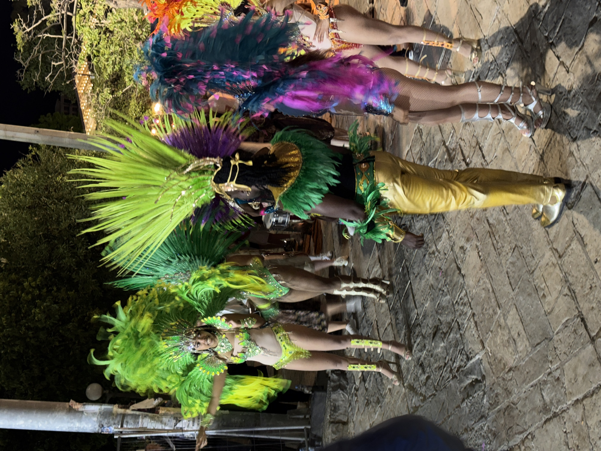 The image depicts a group of people in vibrant, colorful costumes, likely participating in a carnival or parade in Budva, Montenegro. The costumed individuals are wearing elaborate feather headdresses and outfits, and some are wearing high-heeled sandals. The setting appears to be a stone-paved street at night, with trees and buildings visible in the background. The scene suggests a festive atmosphere with people celebrating in ornate attire.