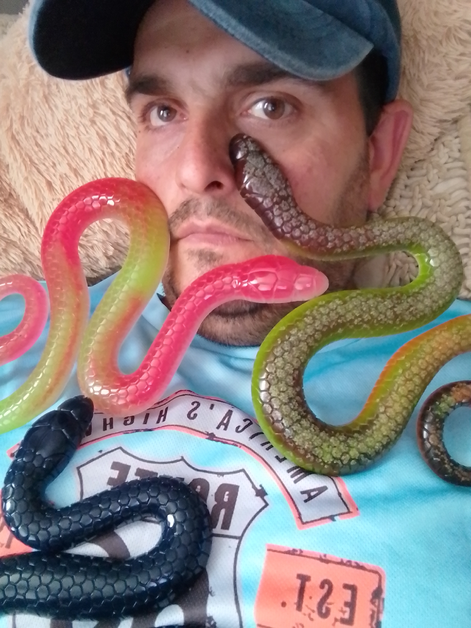 The image is a close-up, overhead shot of a person wearing a blue cap and lying on a fuzzy, light-colored surface. The person's face is partially visible, with their eyes open and looking towards the camera. Several gummy snakes are arranged around and on the person. One gummy snake, with a dark grey and brown patterned head, is positioned near the person's right eye. Another gummy snake, colored pink and yellow, is looped across the person's chest. A black gummy snake is positioned on the lower left side of the image. The person is wearing a light blue t-shirt with graphic designs, including what appears to be a route 66 style shield and orange rectangular patches with text. The overall scene is a still life composition. The provided image does not contain any information that would allow for the determination of the location in the city of Wedel, Germany.