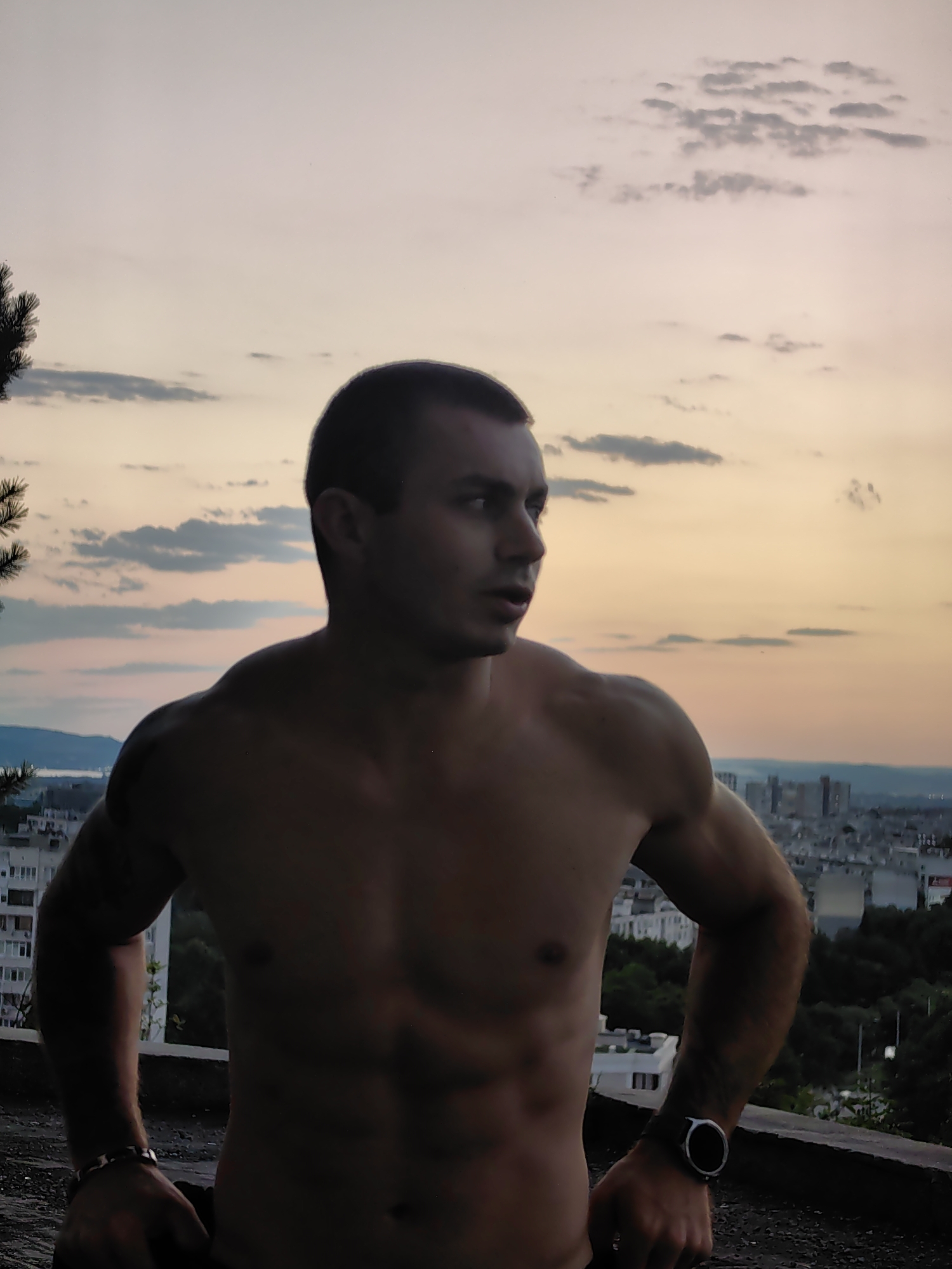 A man is pictured from the waist up, looking to his right against a backdrop of a dusky sky with scattered clouds and a city skyline. He is shirtless, revealing a muscular physique. He wears a watch on his left wrist and a bracelet on his right. The city in the background appears to be Varna, Bulgaria, with buildings and trees visible. The image suggests an outdoor setting, possibly a rooftop or elevated vantage point, overlooking the city at dusk.