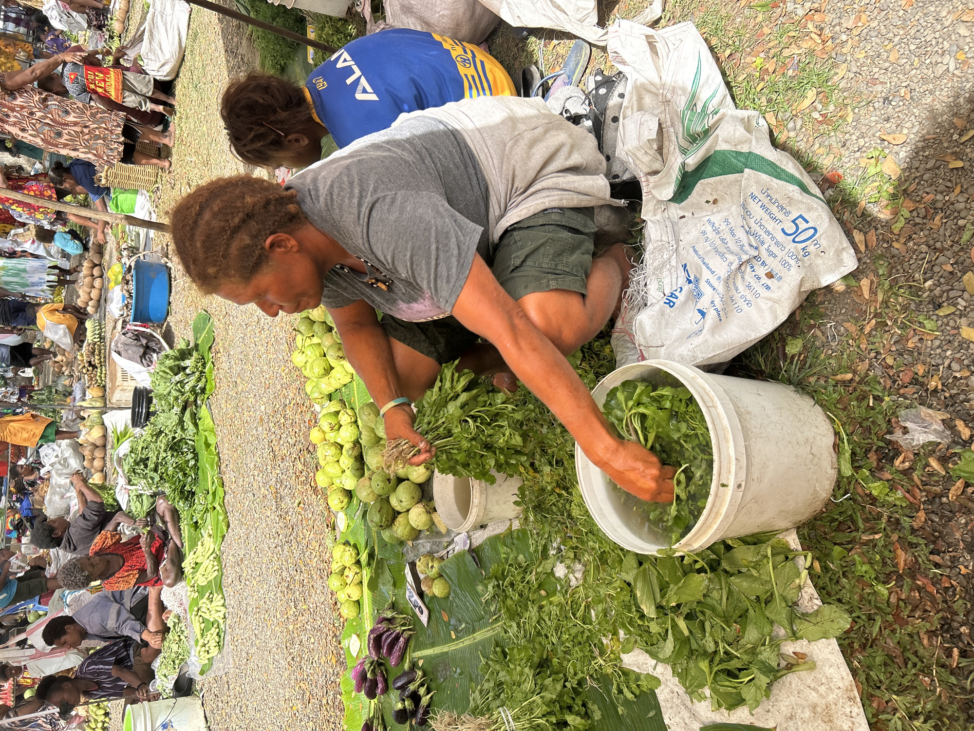 In 9-Mile, Papua New Guinea, a market scene unfolds under daylight. The foreground features a woman of color with short, curly hair and tan skin, wearing a grey t-shirt and green shorts. She is crouched down, her right hand submerged in a white bucket filled with water, washing leafy green vegetables. Beside her, a larger white bucket overflows with similar greens, and to her left, a pile of fresh vegetables, including what appear to be eggplants, are arranged on banana leaves. Behind her, a young person in a blue shirt with yellow lettering is seated. The ground is a mix of gravel and dry leaves, with several large white sacks scattered around. In the background, more people are visible, some seated and tending to produce, suggesting a bustling marketplace atmosphere. The overall impression is one of a local market engaged in the daily trade of fresh produce.