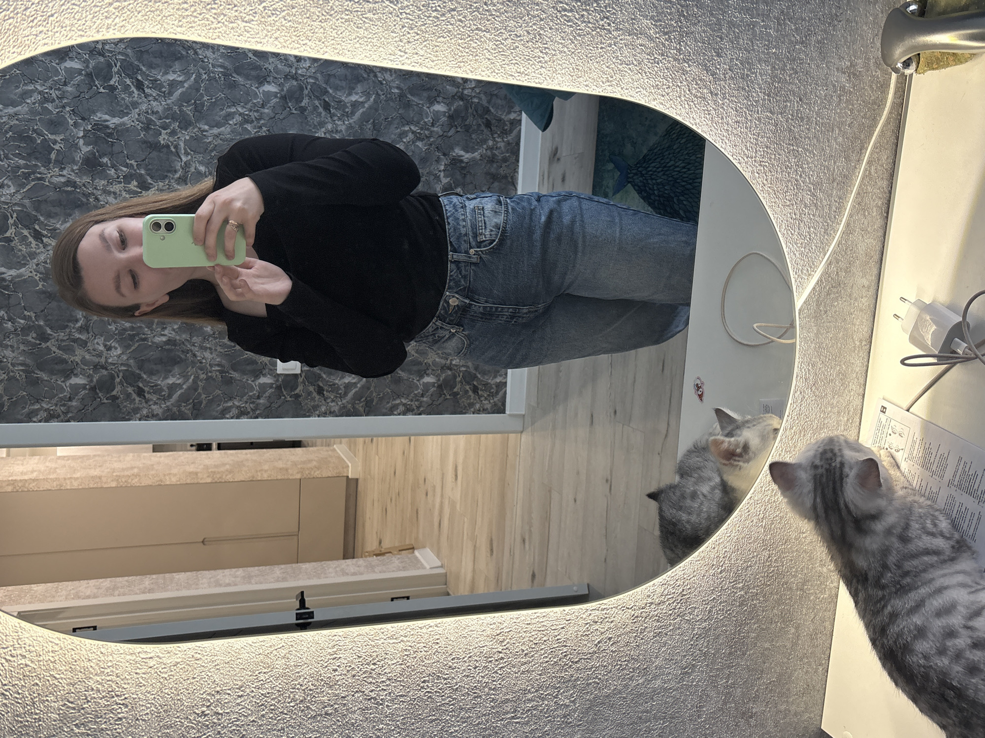 A person is reflected in a mirror taking a selfie with a light-green smartphone. The person is wearing a black long-sleeved shirt and blue jeans. Two grey tabby cats are looking at the mirror's reflection. A charger and papers are on a counter to the right of the mirror. The background includes a gray patterned wall and wood floors. Based on visual cues, this photo could possibly be from Izhevsk, Russia, but there's no way to definitively confirm that.