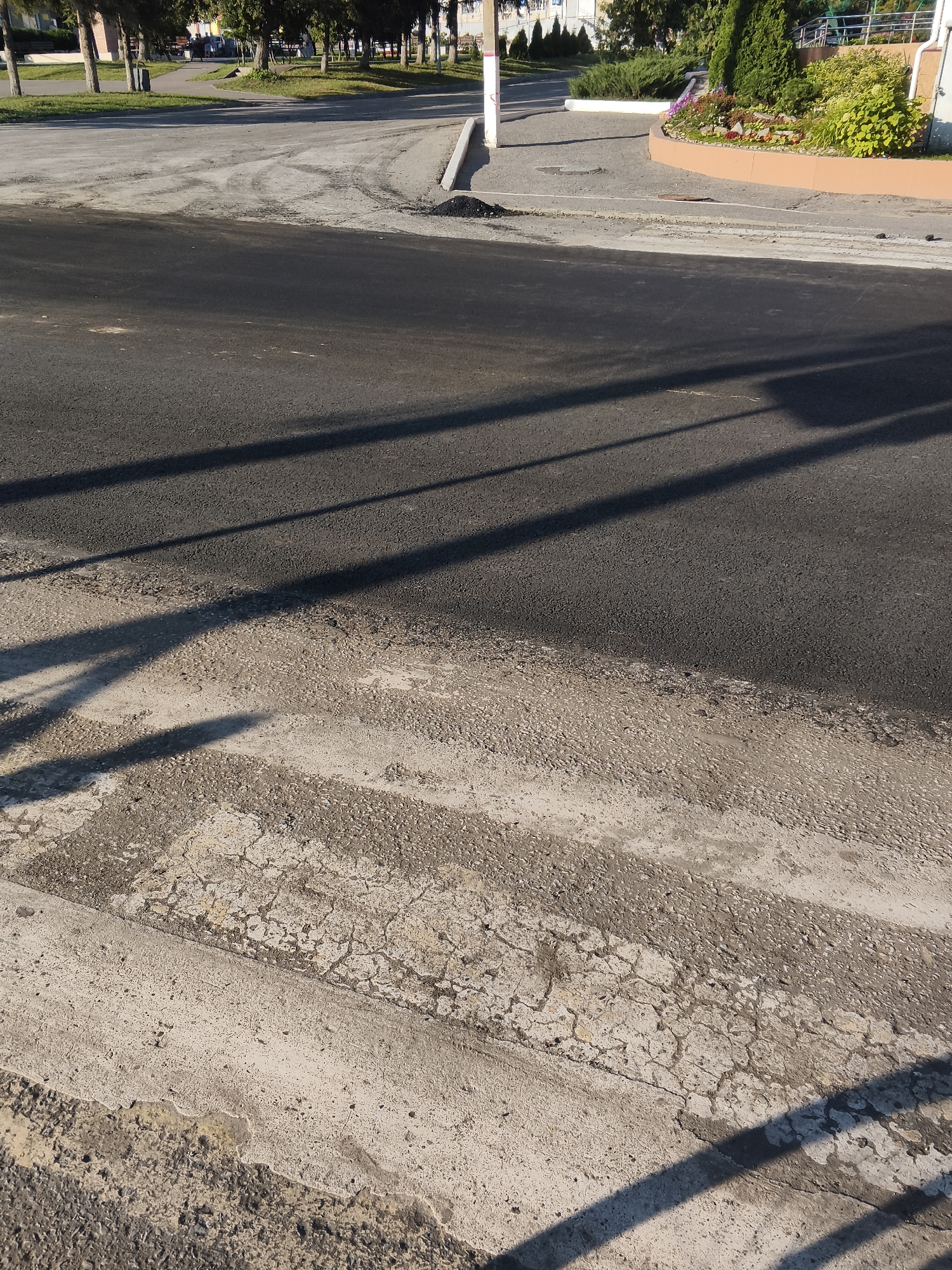 In the city of Mokshan, Russia, an asphalt road surface exhibits evidence of recent repair work. A fresh layer of asphalt has been laid, contrasting with older, worn sections and a faded pedestrian crossing. Shadows cast by an unseen overhead structure, possibly streetlights or power lines, stretch across the asphalt. In the background, a tree-lined avenue suggests a public area, possibly a park or a street in a residential district, with buildings visible beyond the trees.