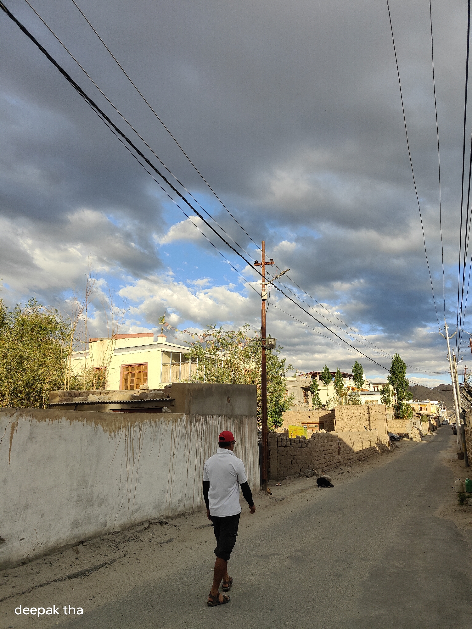 A man wearing a white t-shirt, black shorts, and a red cap walks away from the camera down a paved street in Leh, India. The street is lined with buildings constructed from mud bricks and concrete, some with flat roofs. Trees and vegetation are visible along the street, and power lines stretch across the sky, which is filled with dramatic, dark clouds interspersed with patches of blue sky. A rusty power pole stands on the left side of the street, and another on the right. The overall scene suggests a rural or semi-urban area with traditional architecture. The ground is a dirt and gravel mix along the sides of the paved road. A small, black dog lies on the ground in the distance on the right side of the street.