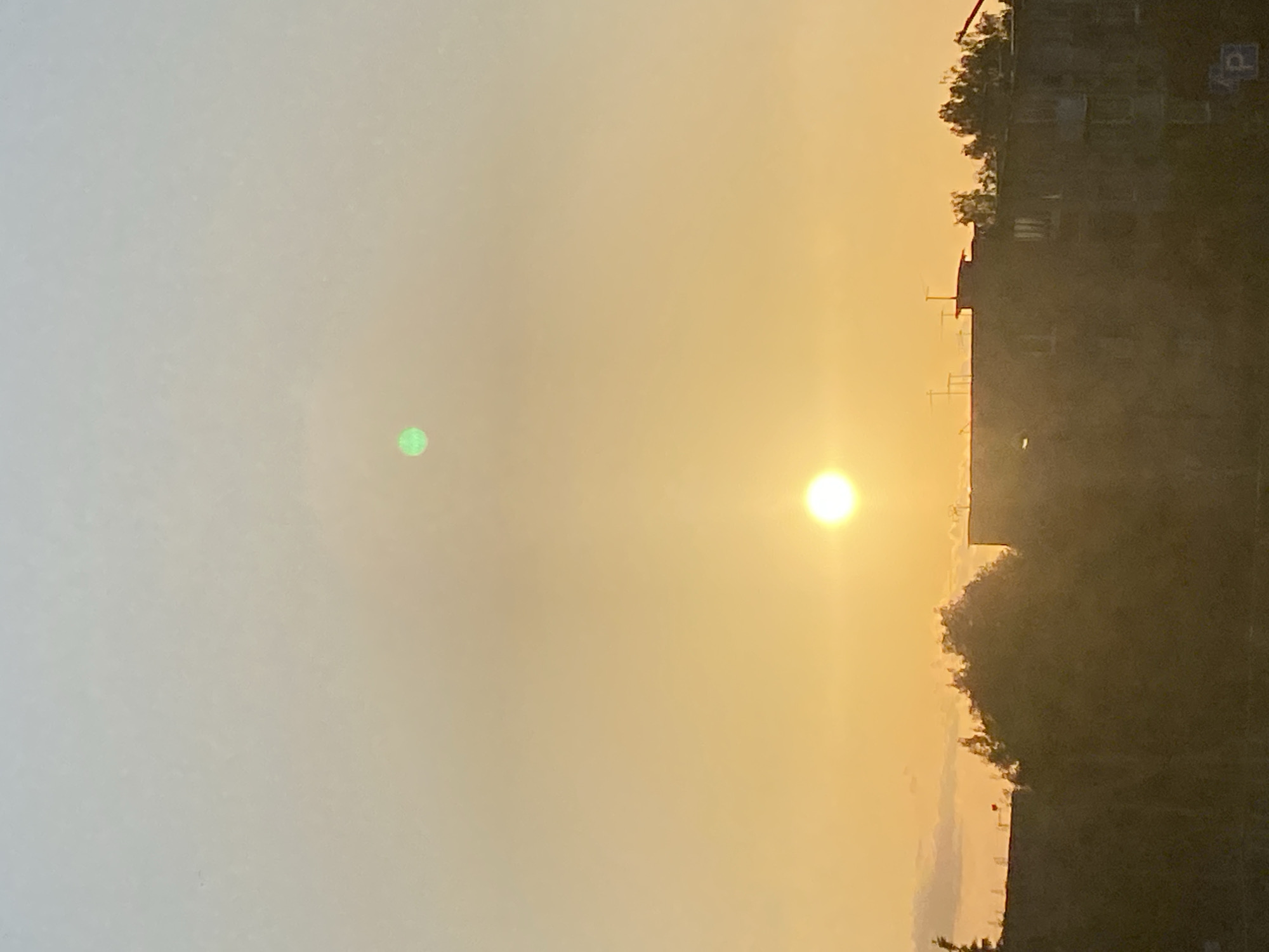 The media file depicts a bright sun low in the sky, casting a warm, golden-orange glow across the scene. The sun appears as a circular orb with a luminous halo. To the left of the sun, a distinct, small green orb is visible, possibly a lens flare or atmospheric phenomenon.
The background is a hazy sky, transitioning from a pale, almost white hue at the top left to a vibrant yellow-orange towards the right and bottom. Silhouetted against the bright sky on the right side of the image is the edge of a dark building or structure. The building has a textured surface and appears to be multi-story, with visible window-like markings and architectural details along its roofline. Trees with indistinct foliage are silhouetted along the top edge of the building, suggesting an outdoor setting. Faint details of what might be antennae or other rooftop structures are also visible.
The overall impression is that of a sunrise or sunset, with the low angle of the sun indicating either early morning or late afternoon. The hazy sky could suggest a number of atmospheric conditions, such as light fog, dust, or pollution. The image has a vertical orientation. There is a faint "P" symbol visible on the upper right portion of the building. No people are clearly discernible in the image. The mood evoked is one of quiet observation of a natural light phenomenon.
