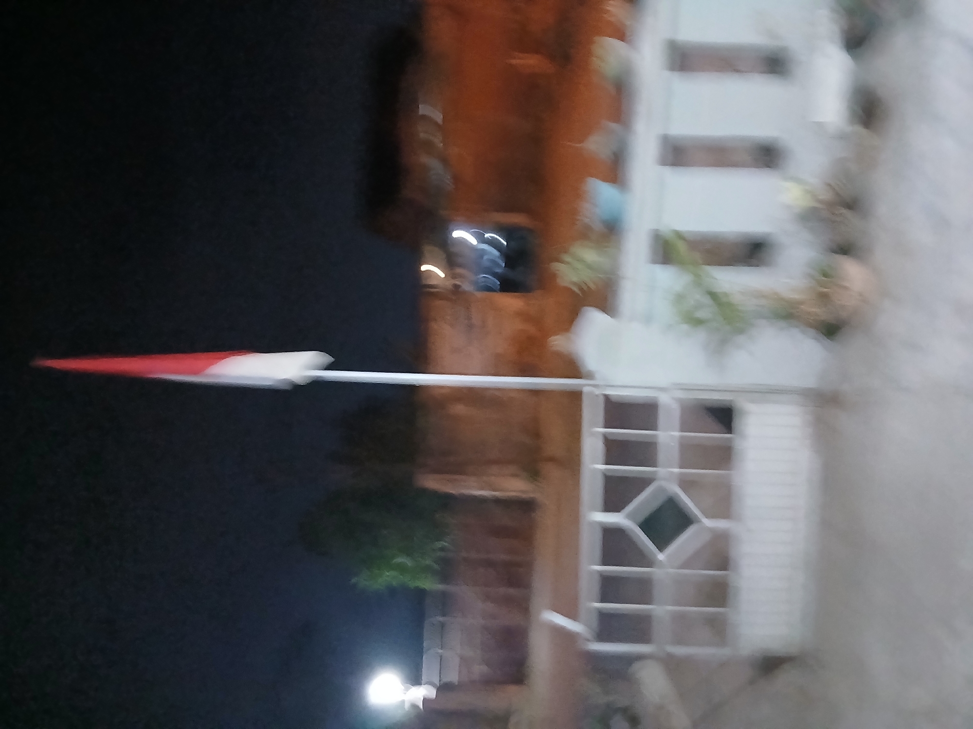 This is a nighttime, blurry photograph taken in the city of Kademangan Kulon, Indonesia. In the center-right of the frame, a flagpole stands with a red and white flag waving, likely the Indonesian flag. To the left of the flagpole, a bright light illuminates the scene, possibly a streetlamp. In the foreground, a white metal gate with a diamond-shaped pattern is visible. Behind the gate, a rustic, brick-like structure is partially seen, with a darkened opening that emits a few white, blurred lights. The ground in front of the gate appears to be unpaved. Several potted plants are scattered in front of a low white wall on the right side of the image. The background is dark, with trees and buildings faintly discernible.