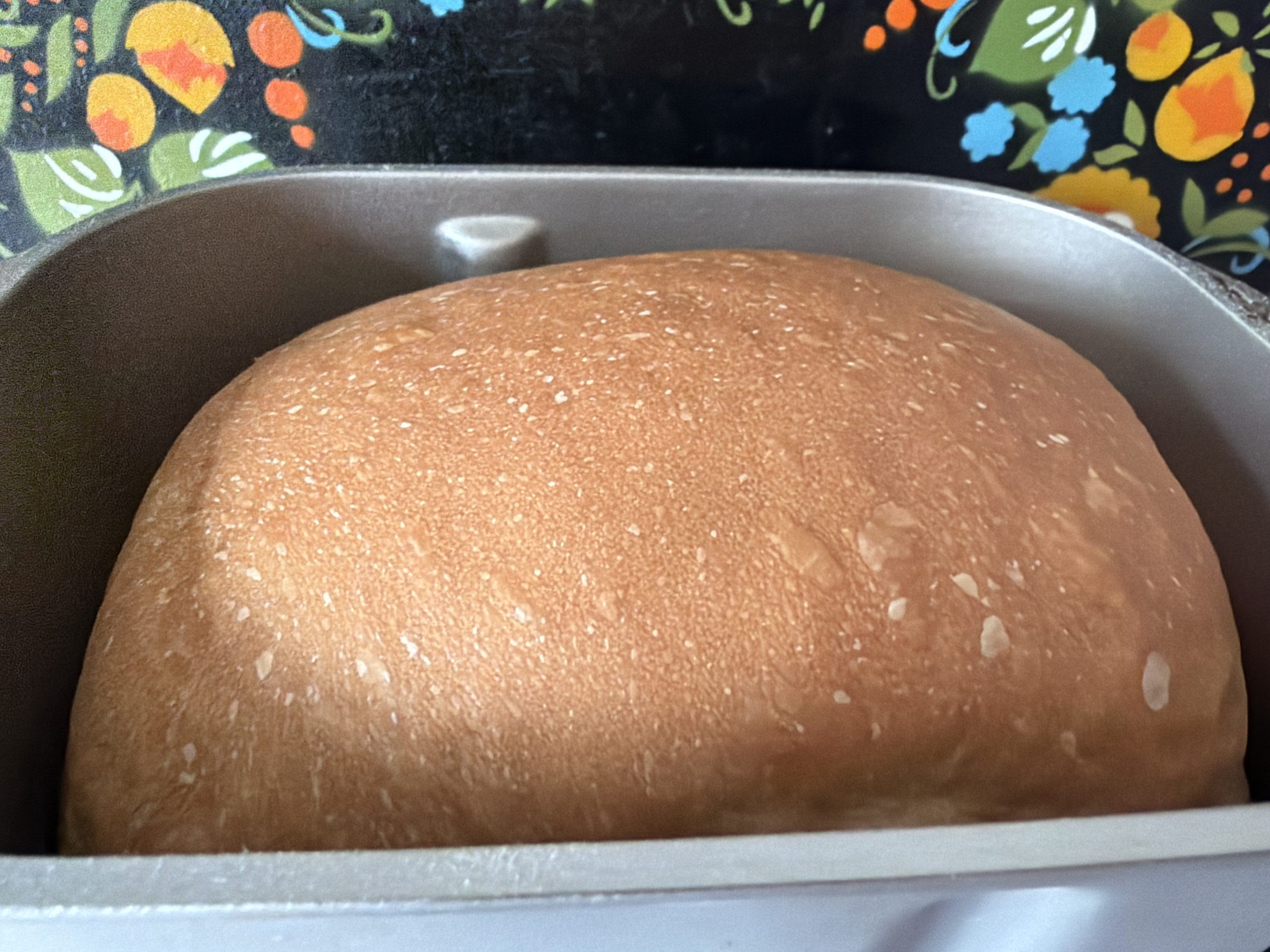 A loaf of bread sits inside a bread machine. The bread has a golden brown crust and a slightly uneven surface. The bread machine pan is a light gray color. Behind the bread machine is a black countertop with a floral pattern. The location is not indicated in the image and I cannot assume it is in the city of Chaikovsky, Russia.