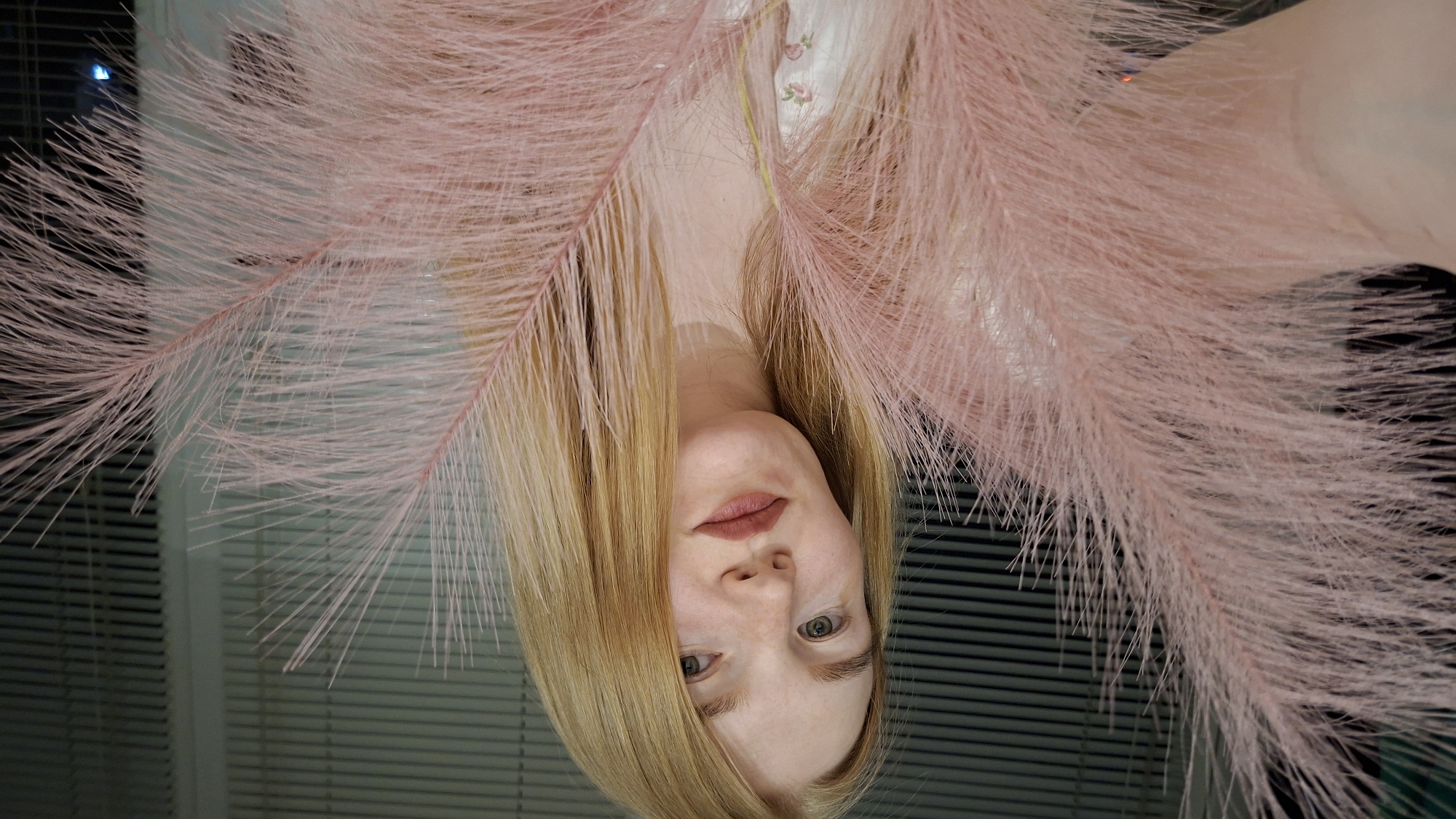 A medium close-up portrait features a fair-skinned female with long, straight, blonde hair and light-colored eyes, positioned in a setting identified as the city of Chaikovsky, Russia. She has visible freckles on her nose and cheeks and is wearing reddish-brown lipstick. Her expression is neutral as she looks directly into the camera. She holds two large, light pink, feathery plumes, resembling dried ornamental grass, which frame her face and upper body. Hints of a light-colored garment with subtle floral embroidery are visible on her chest. The background consists of horizontal window blinds, appearing light-colored against a darker exterior.